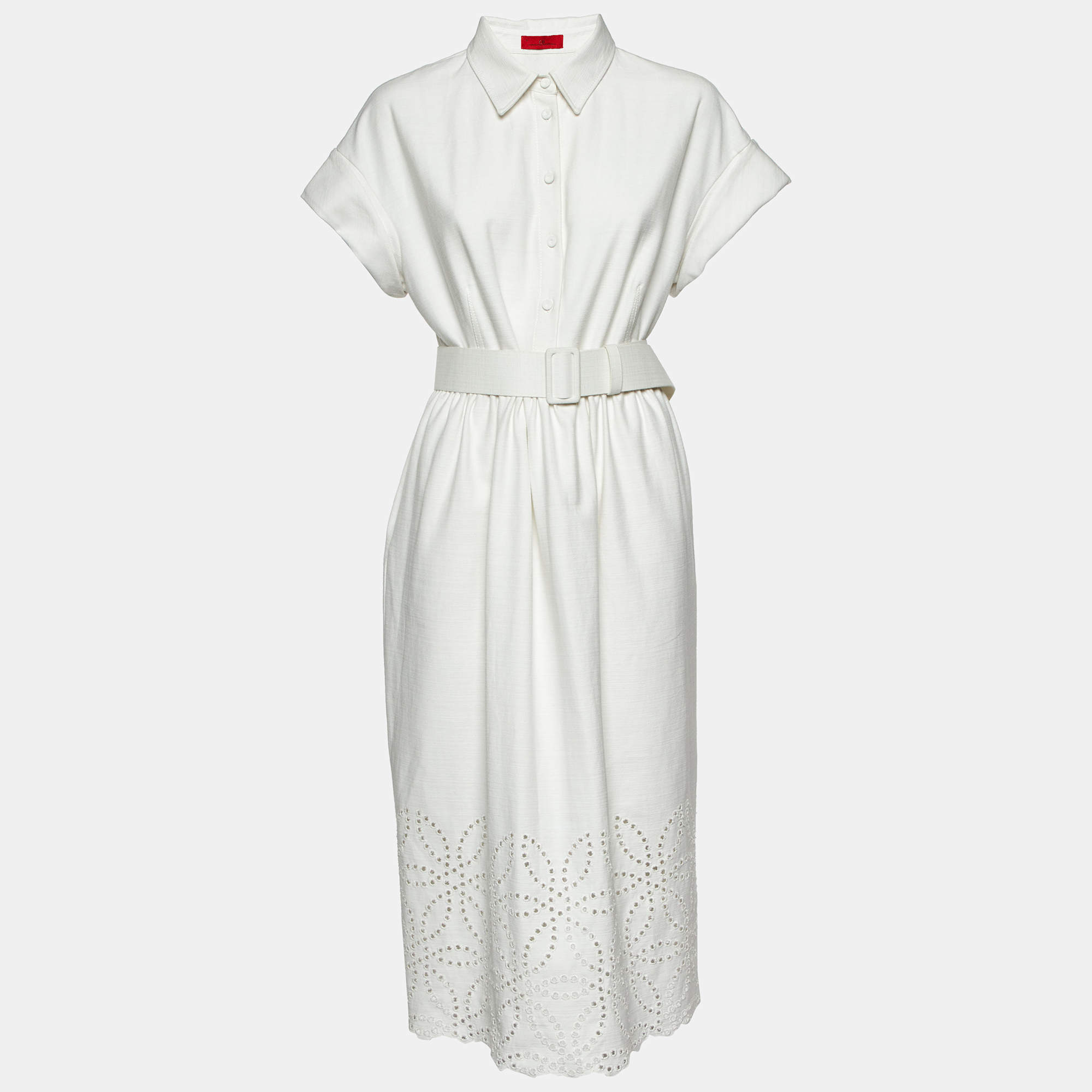 Pre Owned CH Carolina Herrera White Cotton Belted Midi Dress L