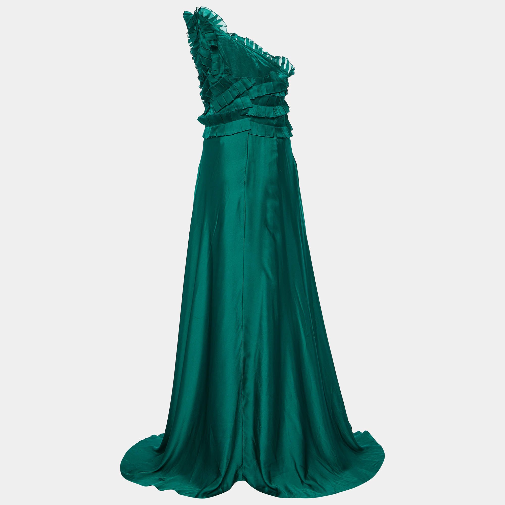 CH Carolina Herrera Green Silk Ruffled One Shoulder Gown M