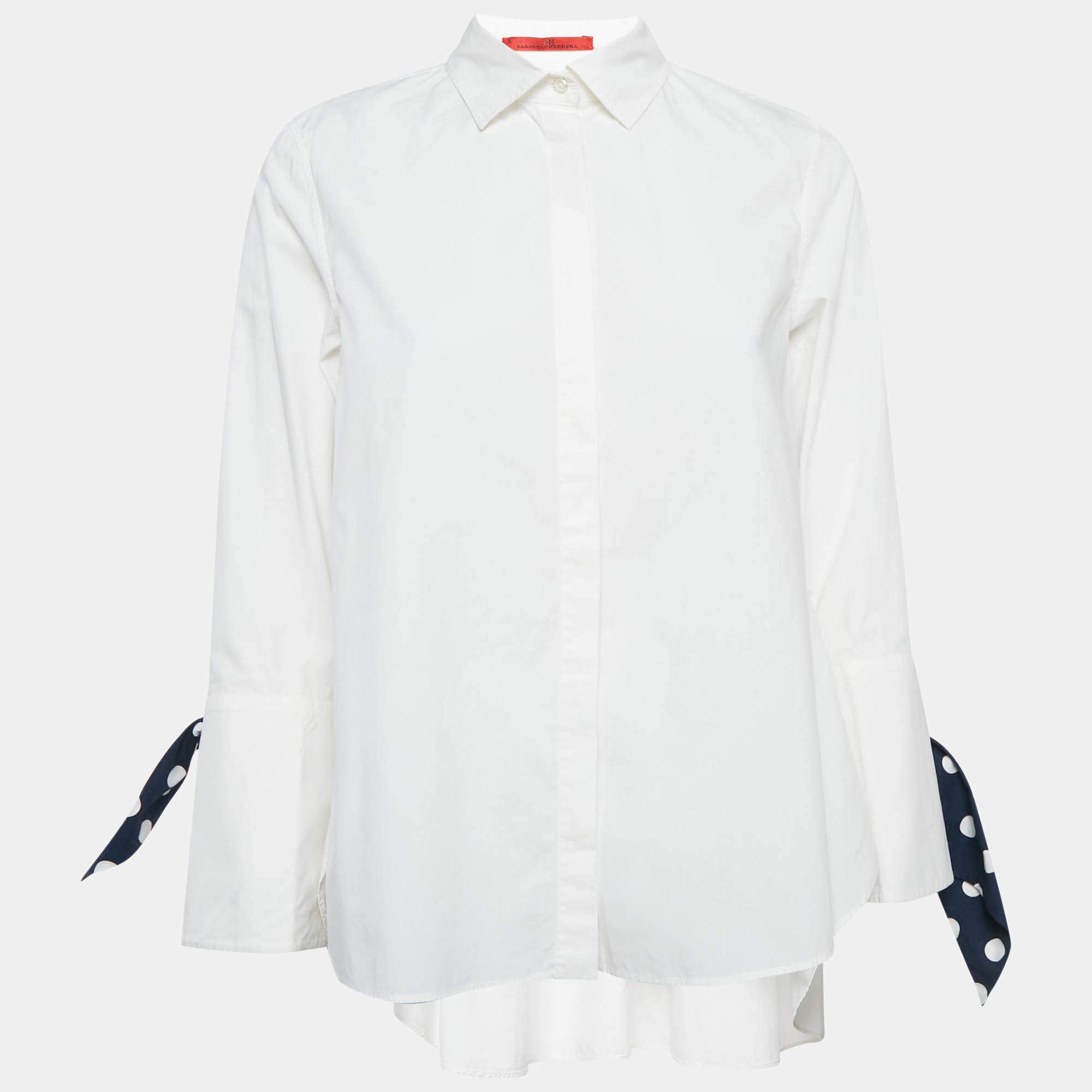مملوكة مسبقًا CH Carolina Herrera White Cotton Polka Dot Cuff Tie-Up Shirt S