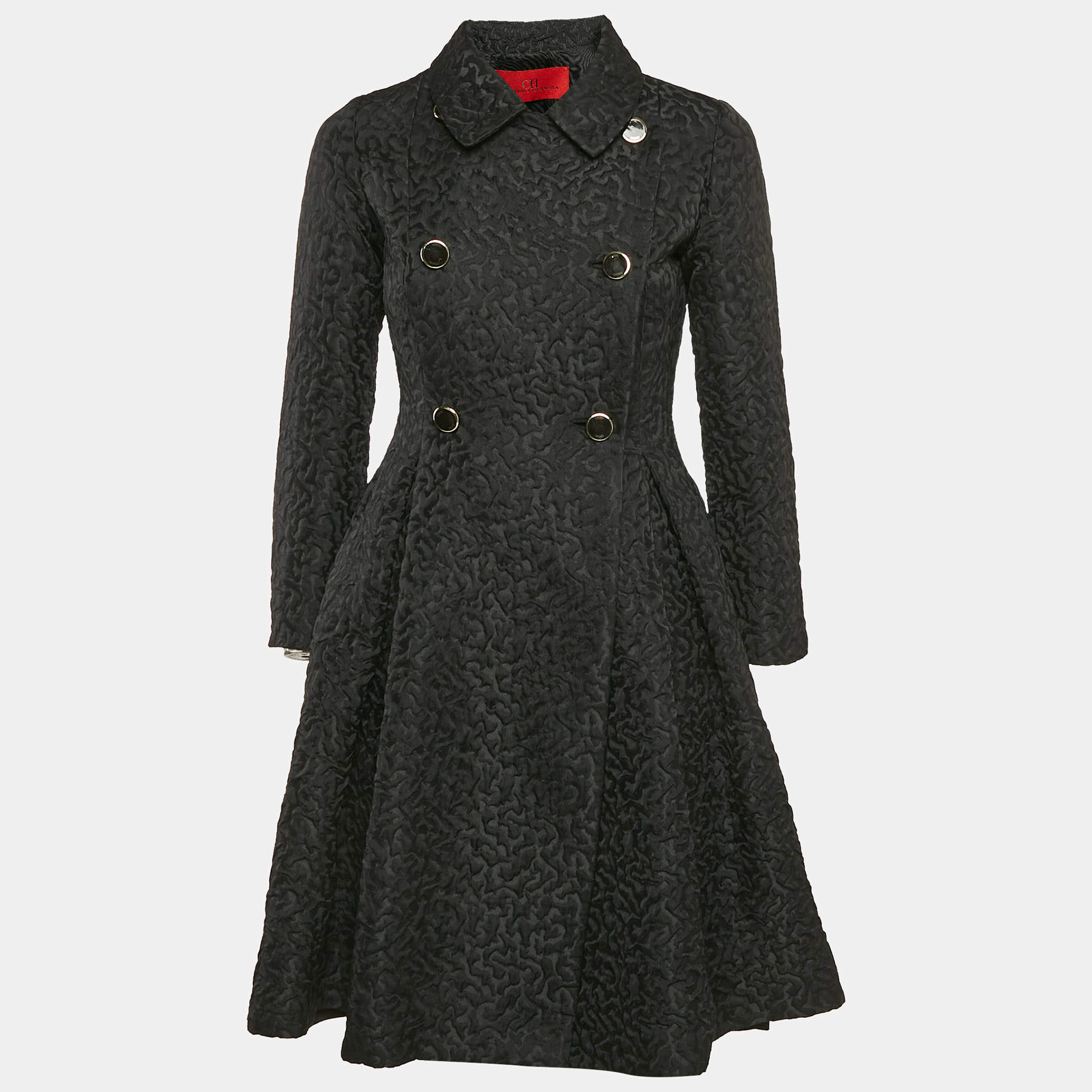 Pre Owned CH Carolina Herrera Black Textured Jacquard Double Breasted Coat XS