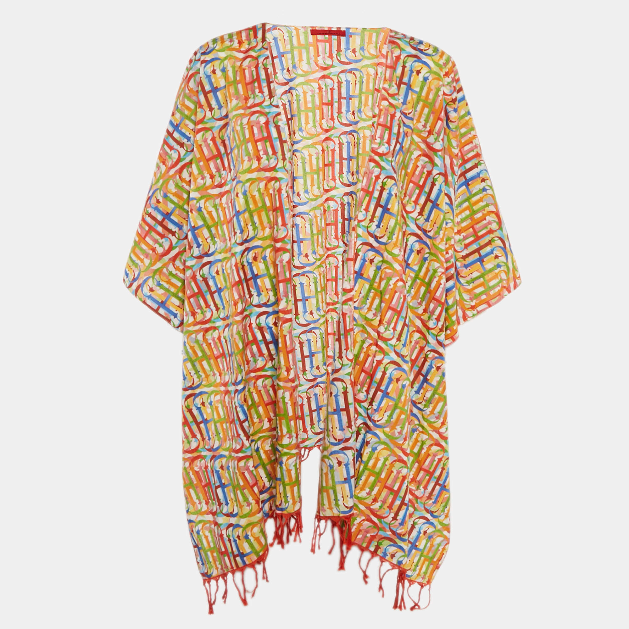 Pre Owned CH Carolina Herrera Multicolor Logo Print Cotton Front Open Kaftan One Size