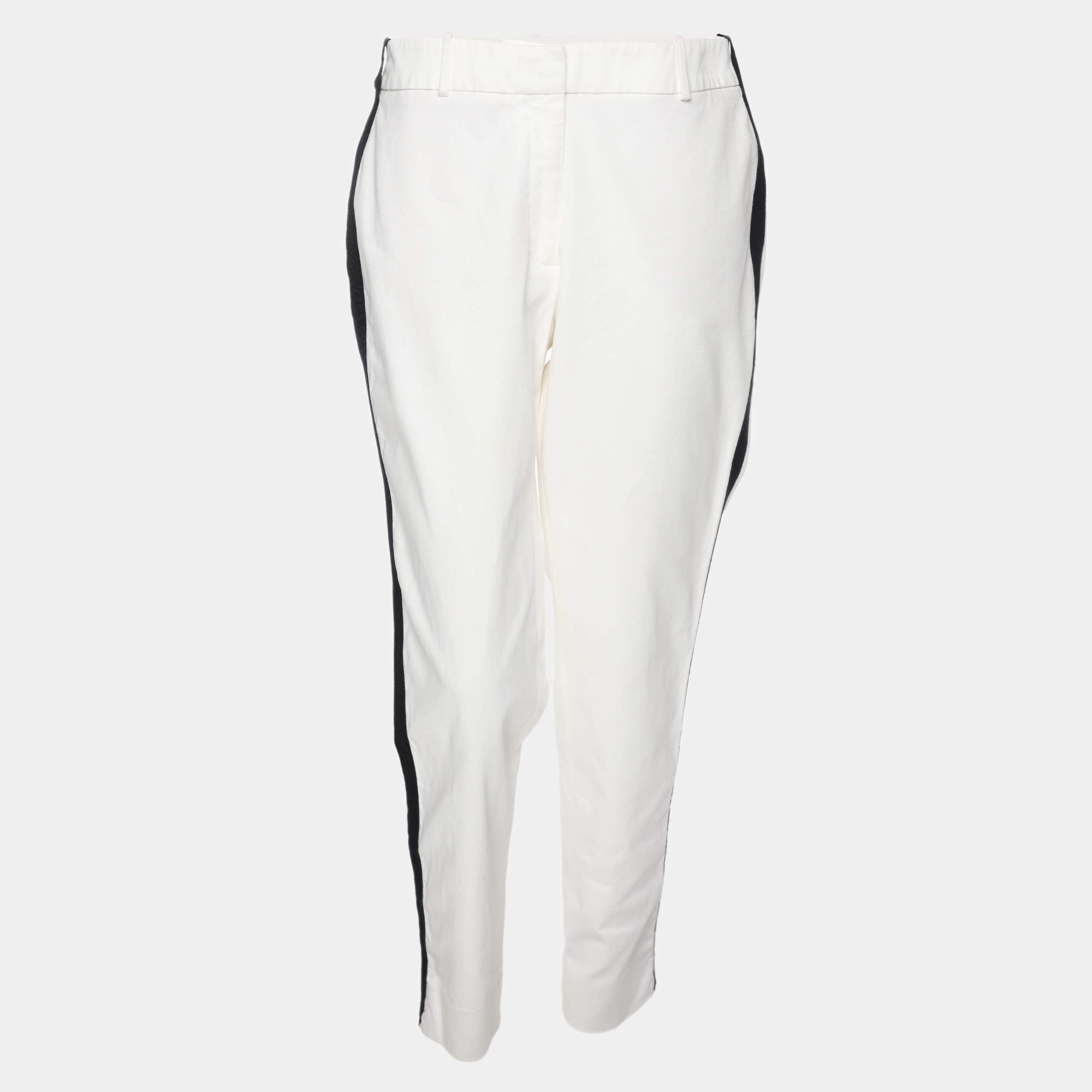 Pre Owned CH Carolina Herrera White Cotton Blend Side Tape Trousers M