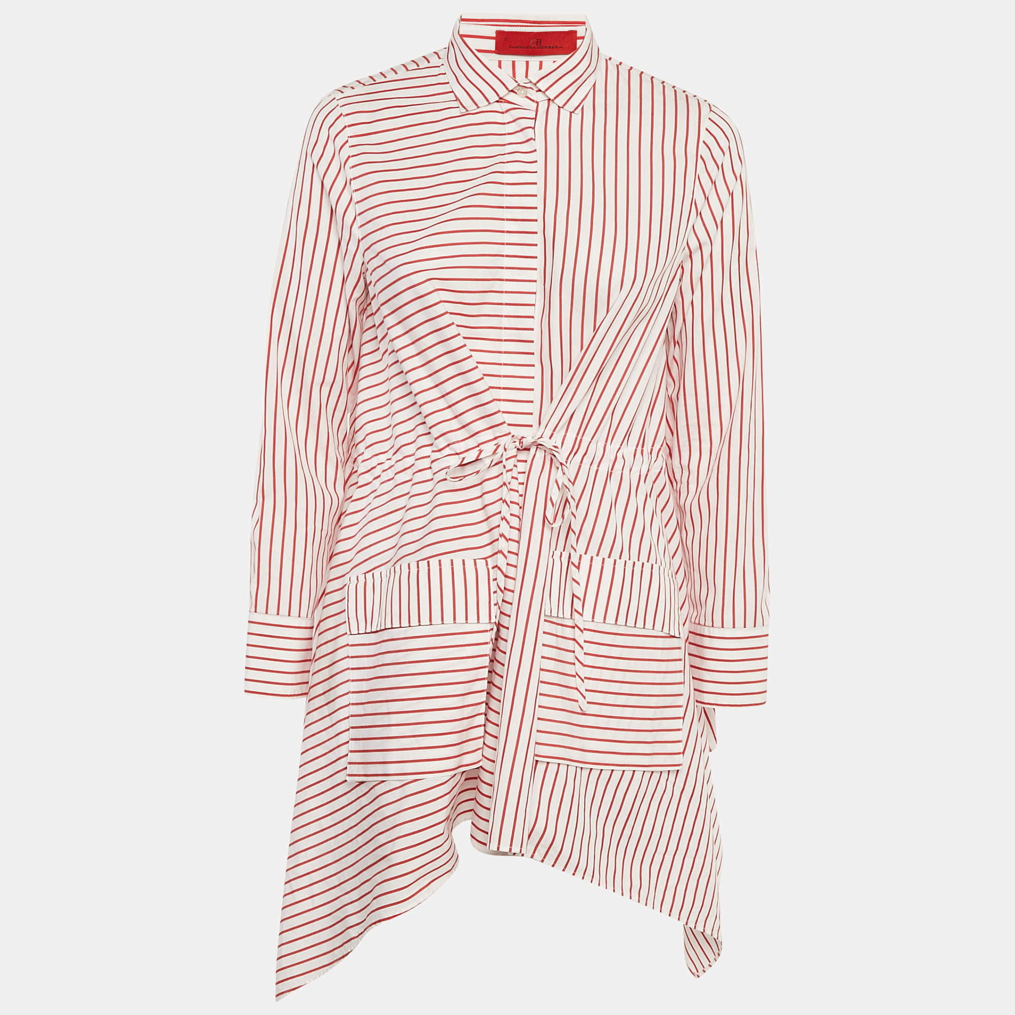Pre Owned CH Carolina Herrera Red Striped Cotton Asymmetrical Long Sleeve Shirt M