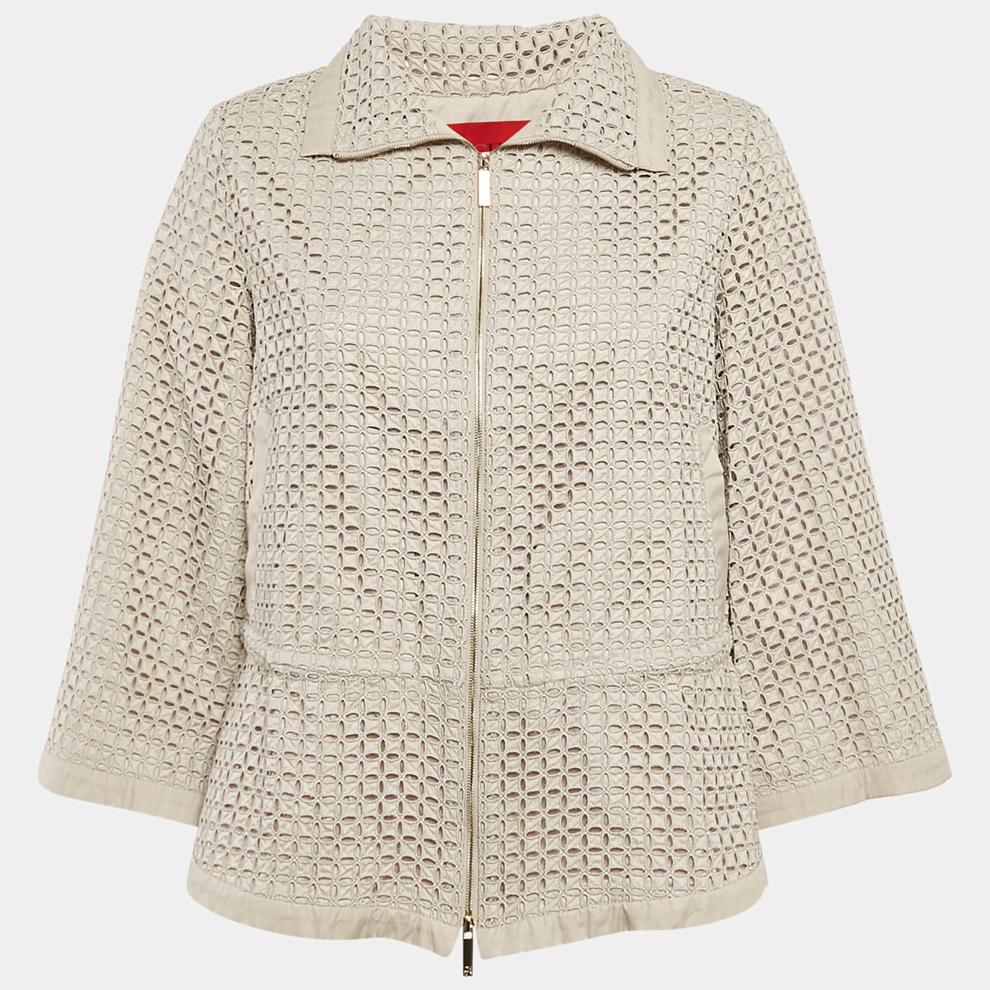 CH Carolina Herrera Beige Broderie Anglaise Eyelet Synthetic Zip-Up Jacket S