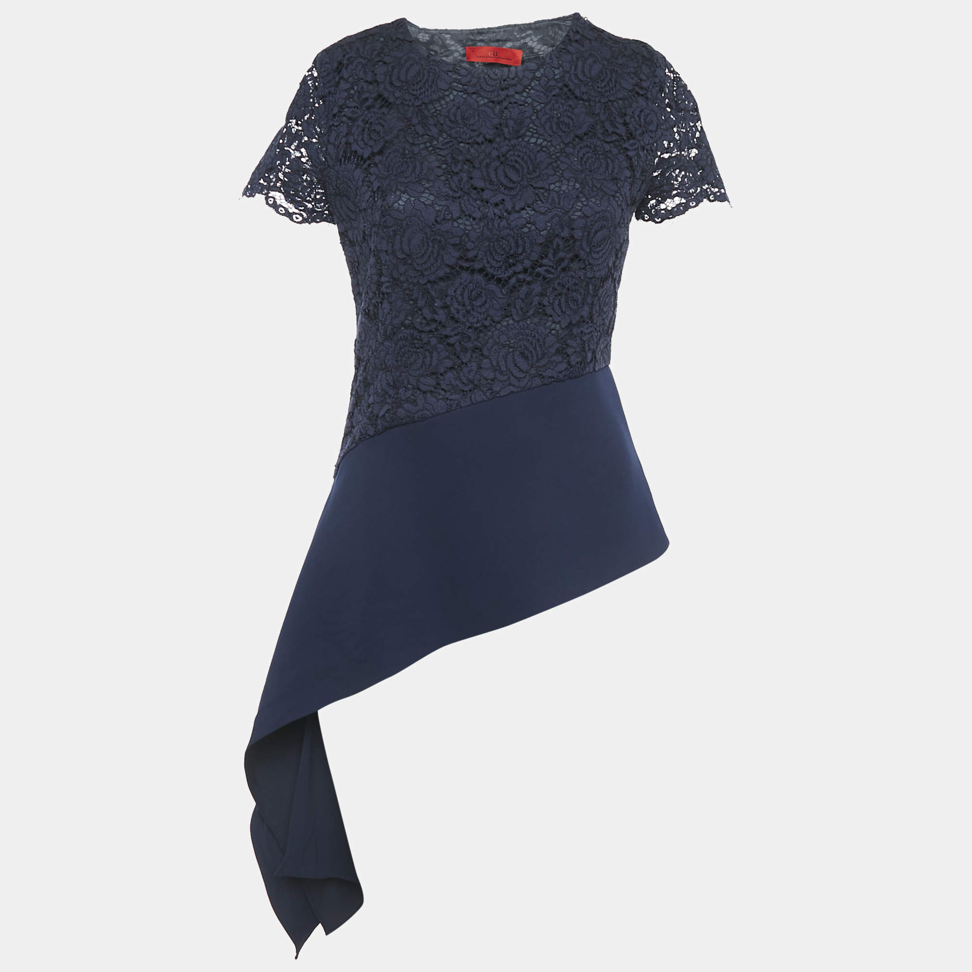 Pre Owned CH Carolina Herrera Navy Blue Floral Lace Short Sleeve Top S
