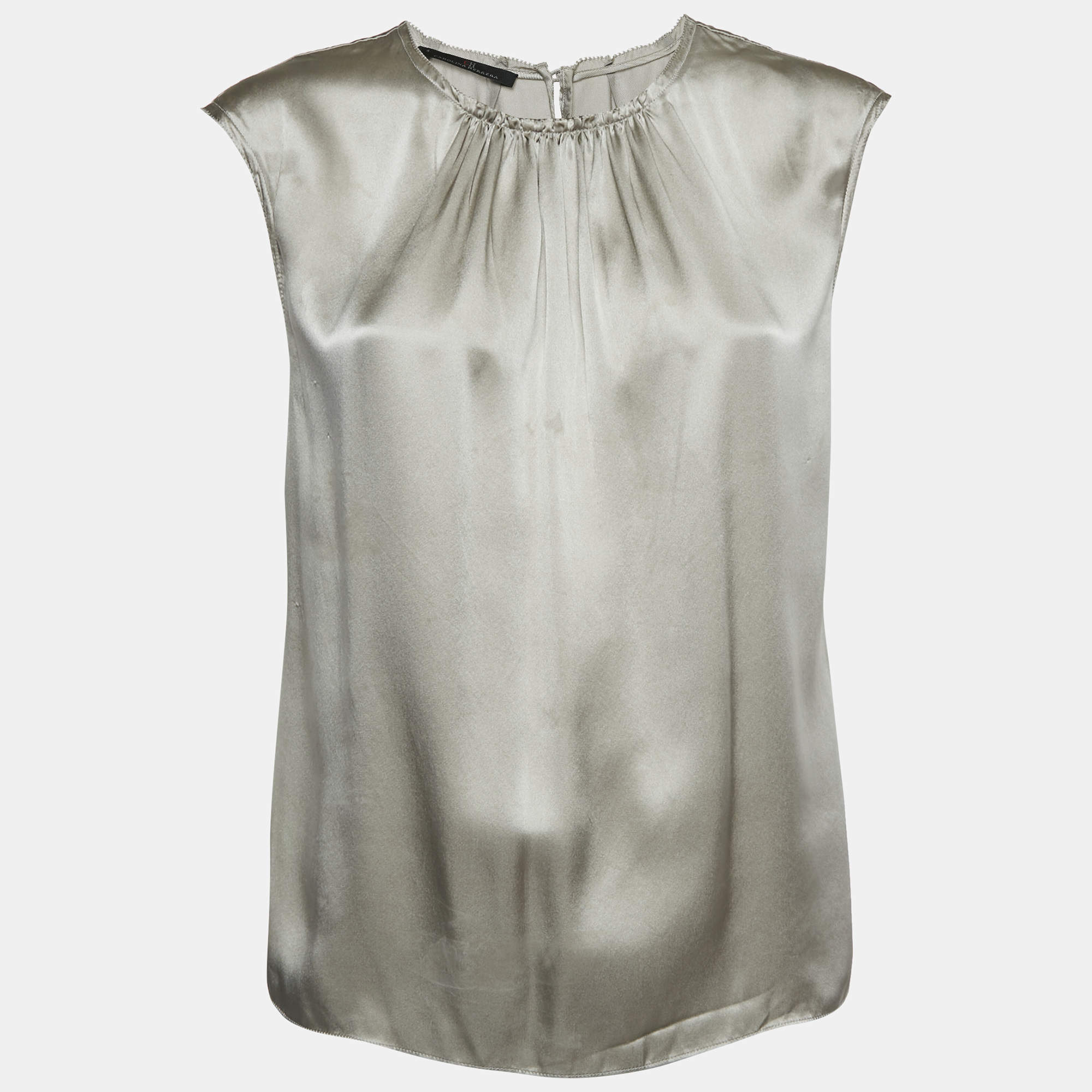 Pre Owned CH Carolina Herrera Metallic Grey Silk Satin Top S