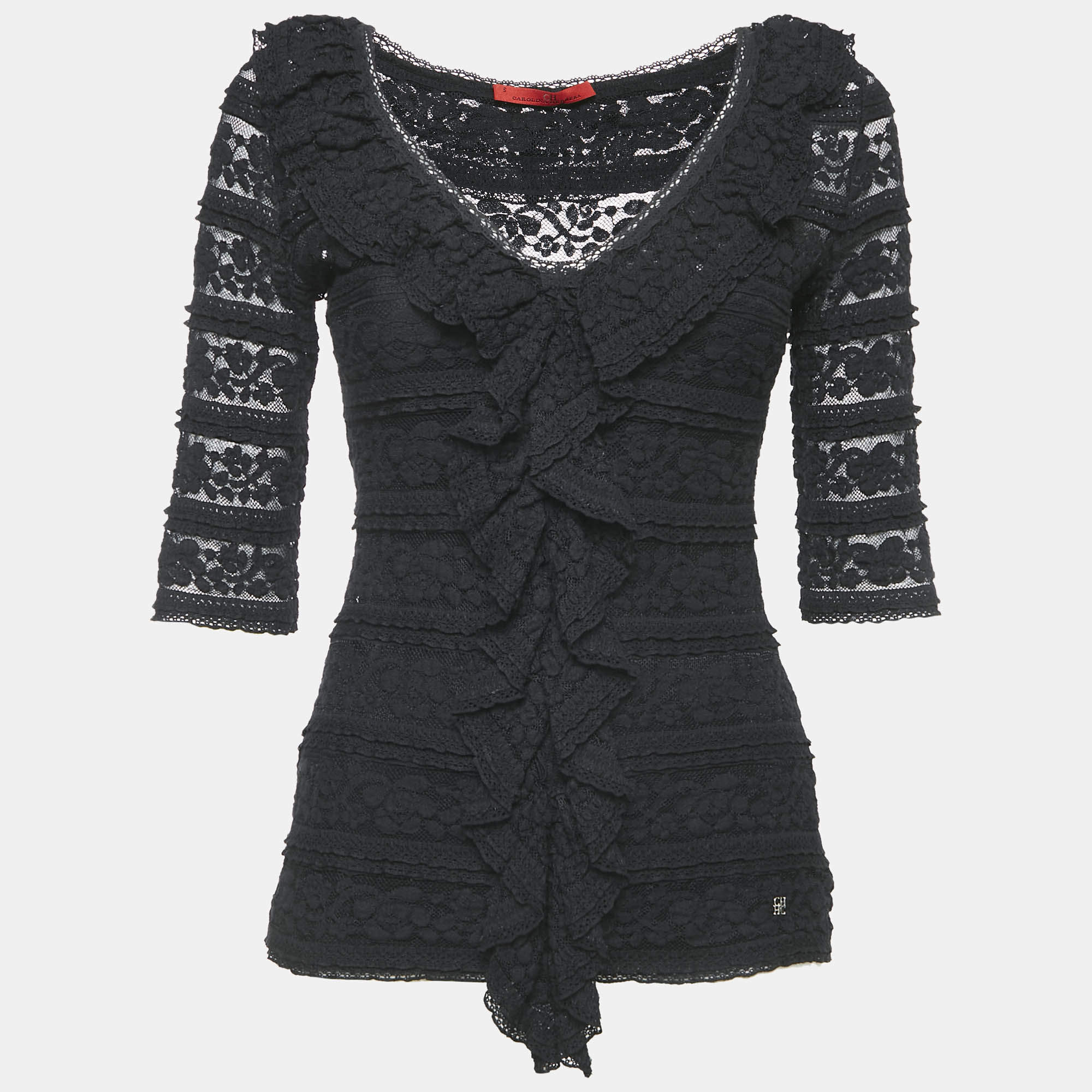 CH Carolina Herrera Black Lace Ruffled Top S