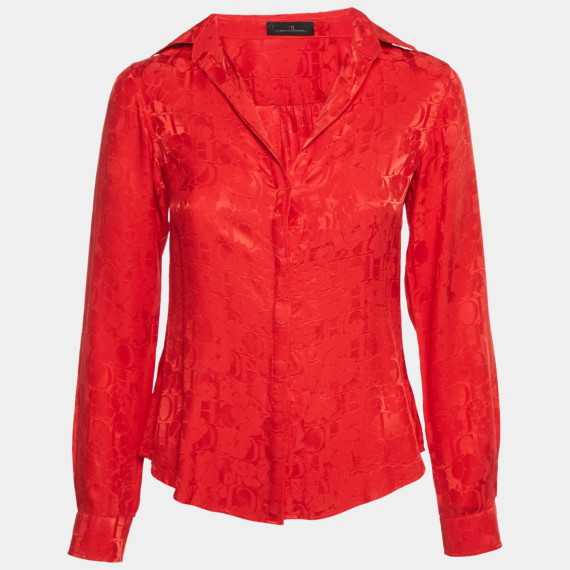 Pre Owned CH Carolina Herrera Red CH Flora Jacquard Satin Shirt S