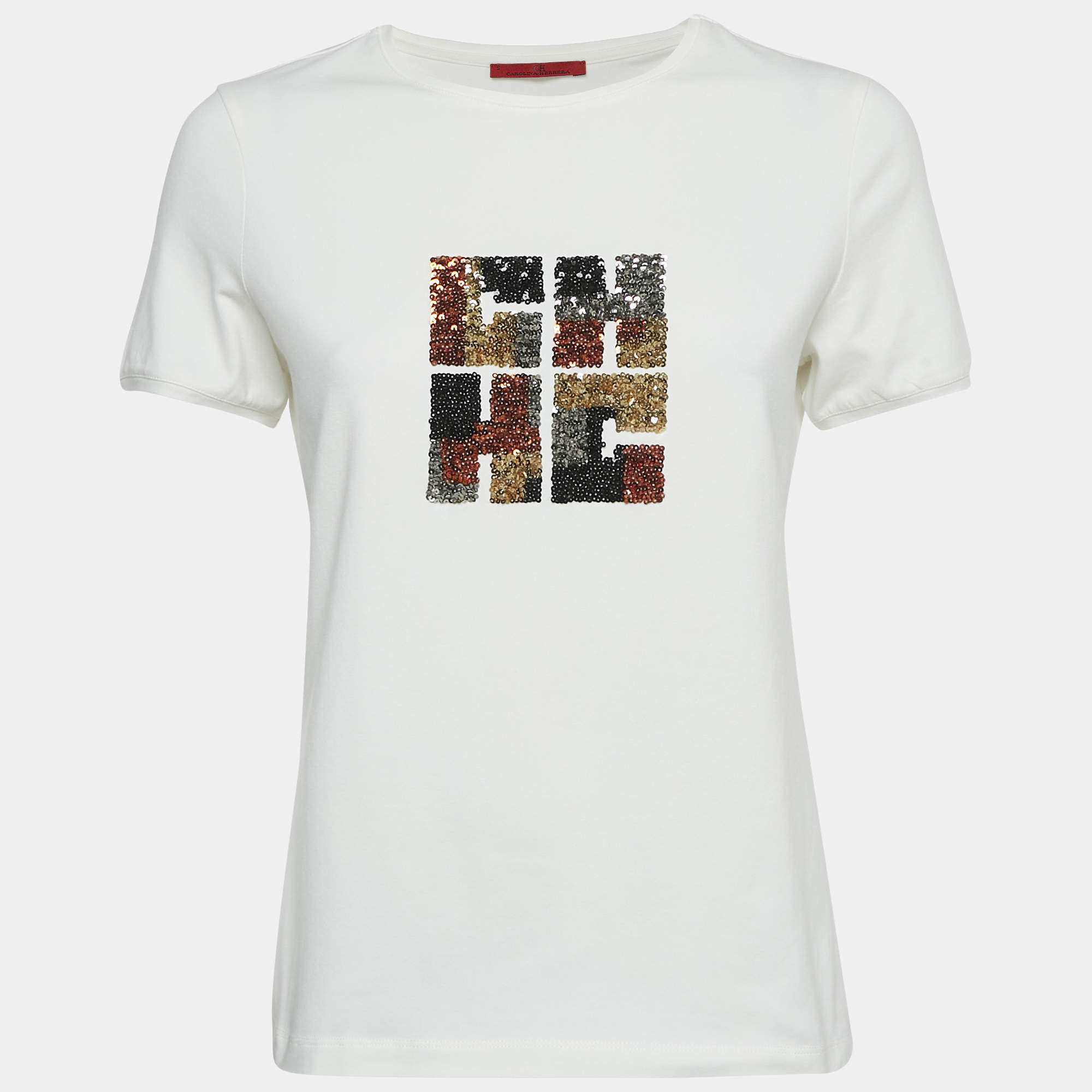 Pre Owned CH Carolina Herrera White Sequin Embroidered Jersey T-Shirt S