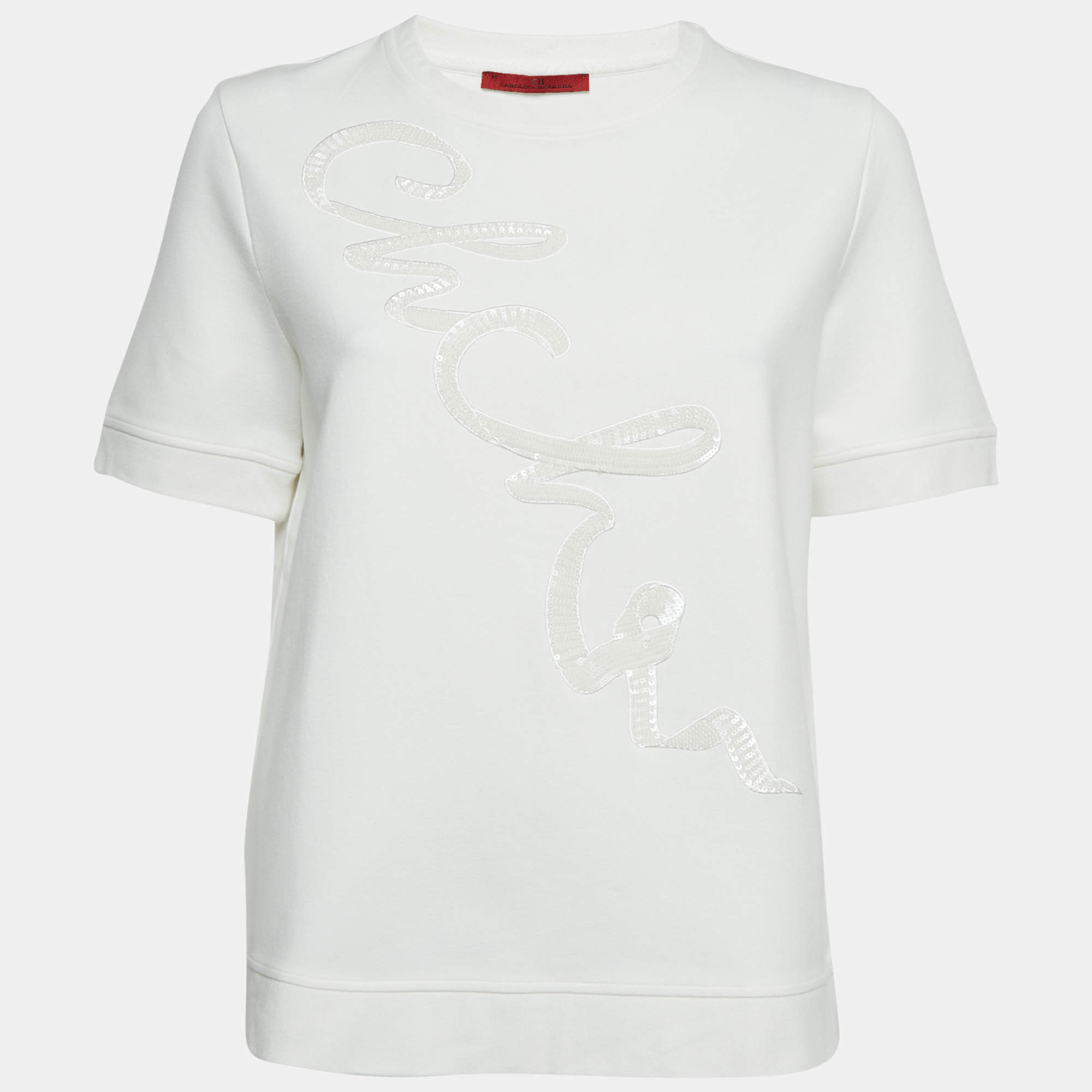 مملوكة مسبقًا CH Carolina Herrera White Sequin Embroidered Jersey T-Shirt M
