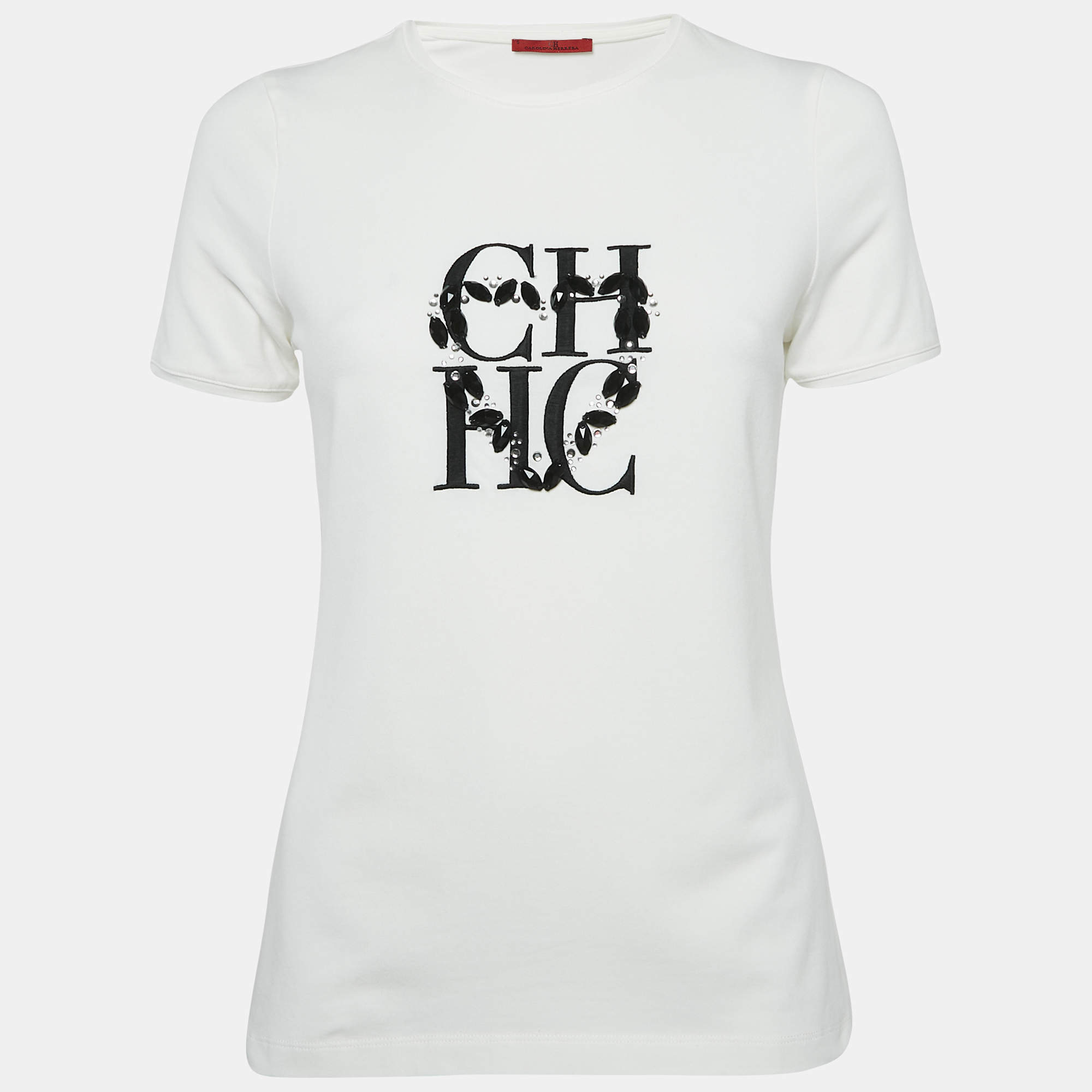Pre Owned CH Carolina Herrera White Logo Embellished Cotton Knit T-Shirt S