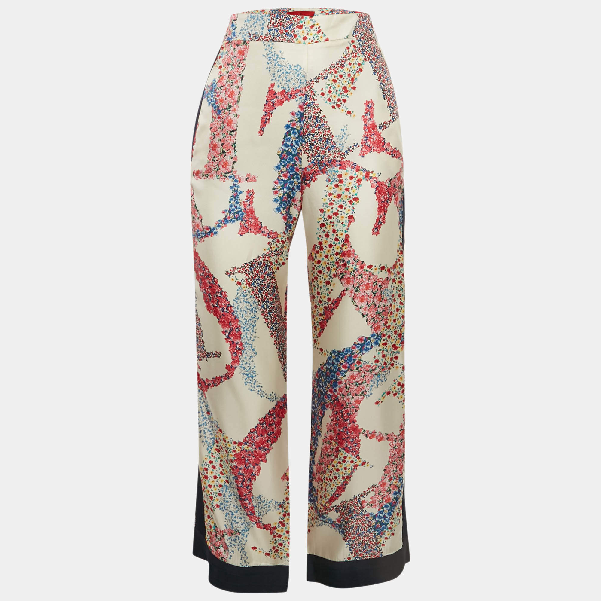 Pre Owned CH Carolina Herrera White Floral Print Silk Wide-Leg Trousers XS