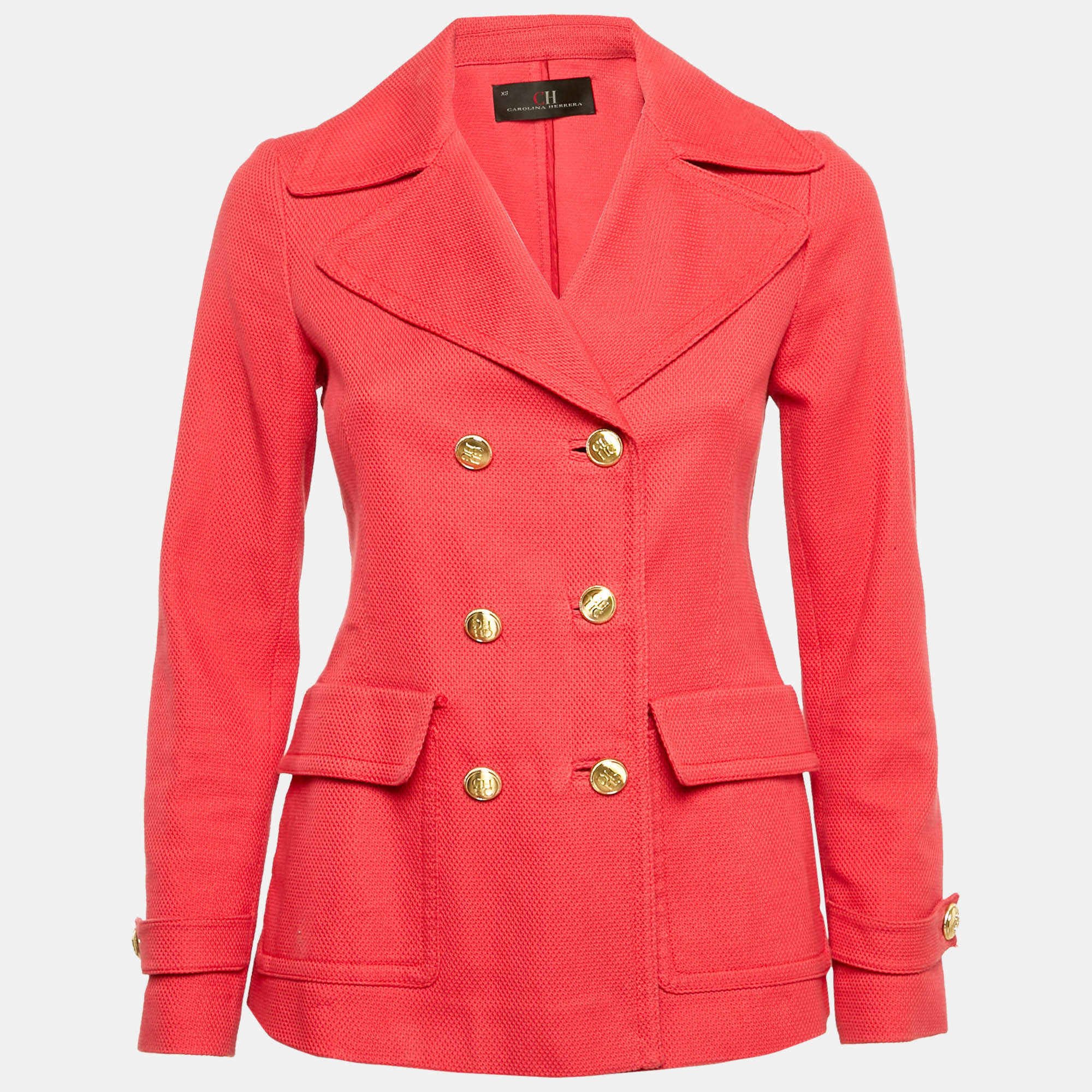Pre Owned CH Carolina Herrera Red Textured Cotton Double Breasted Coat XS