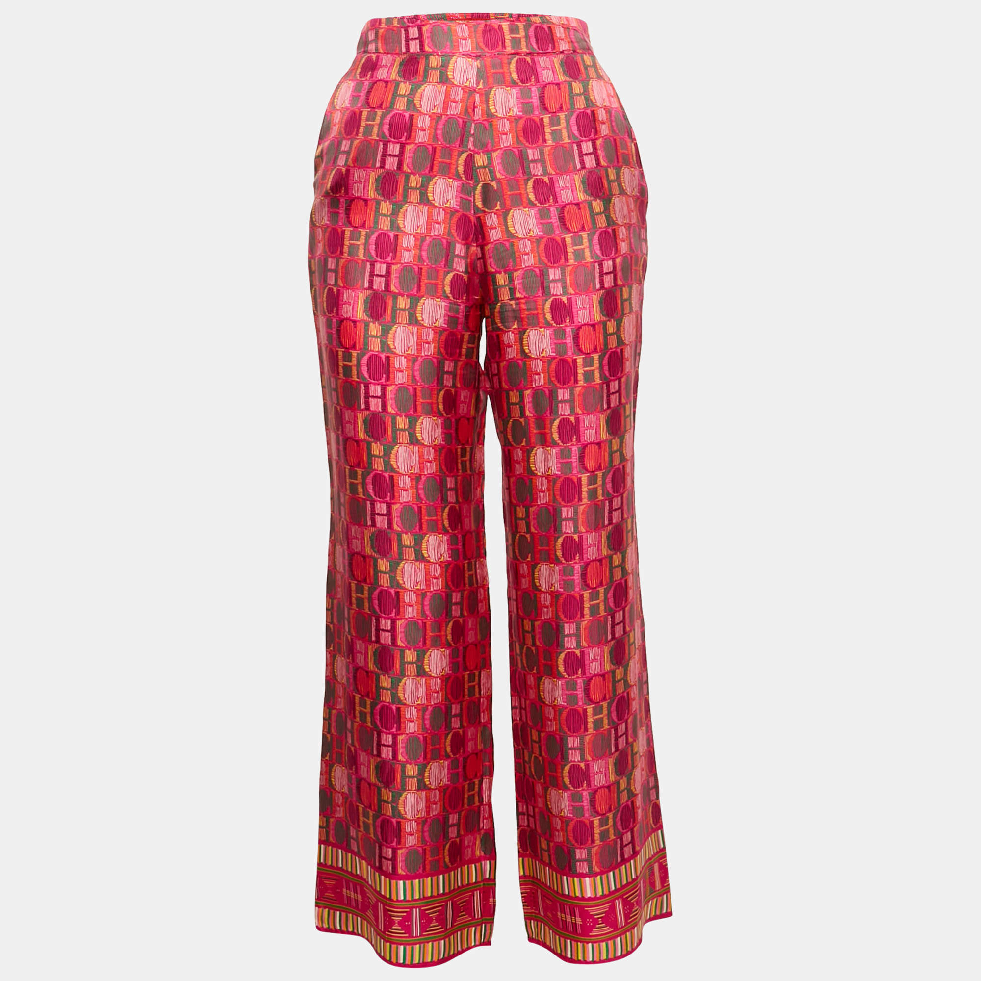 Pre Owned CH Carolina Herrera Pink Logo Print Silk Wide Leg Pants S