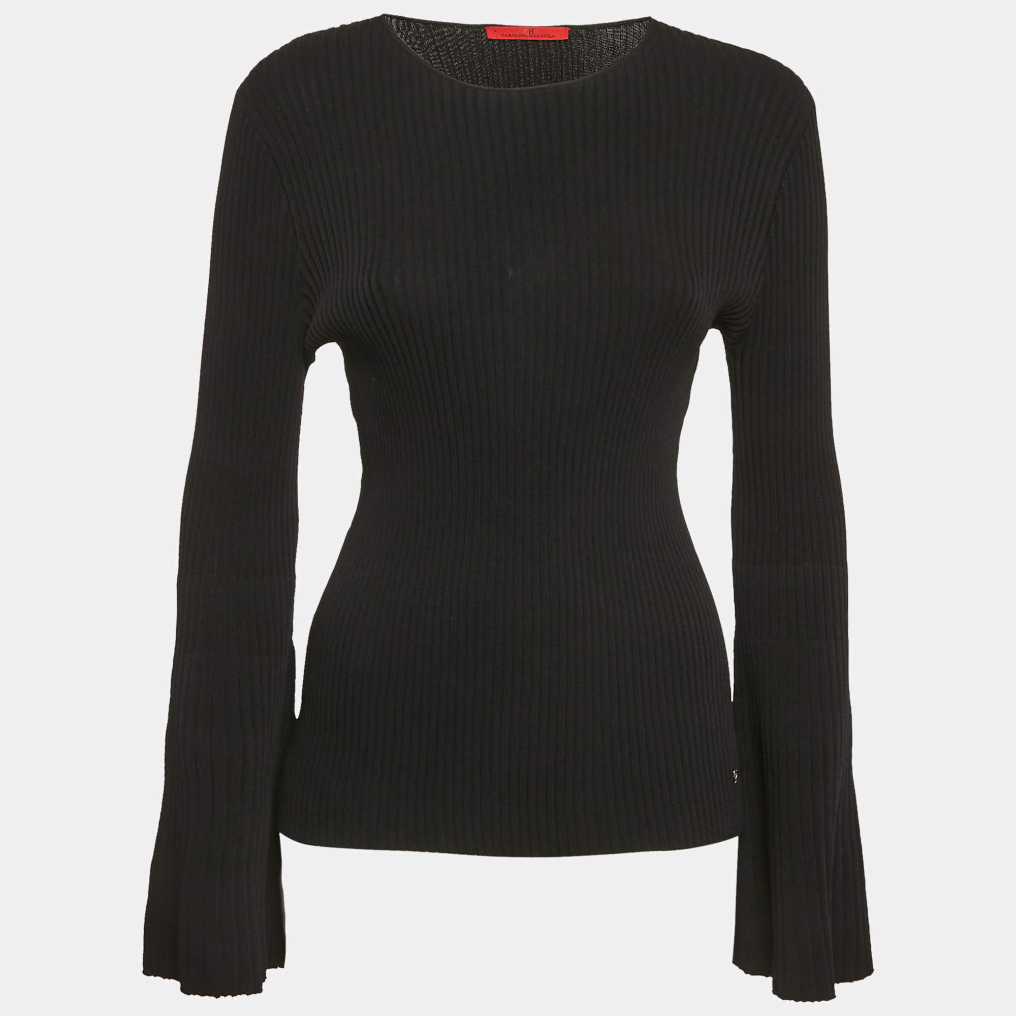Pre Owned CH Carolina Herrera Black Rib Knit Bell Sleeve Top L