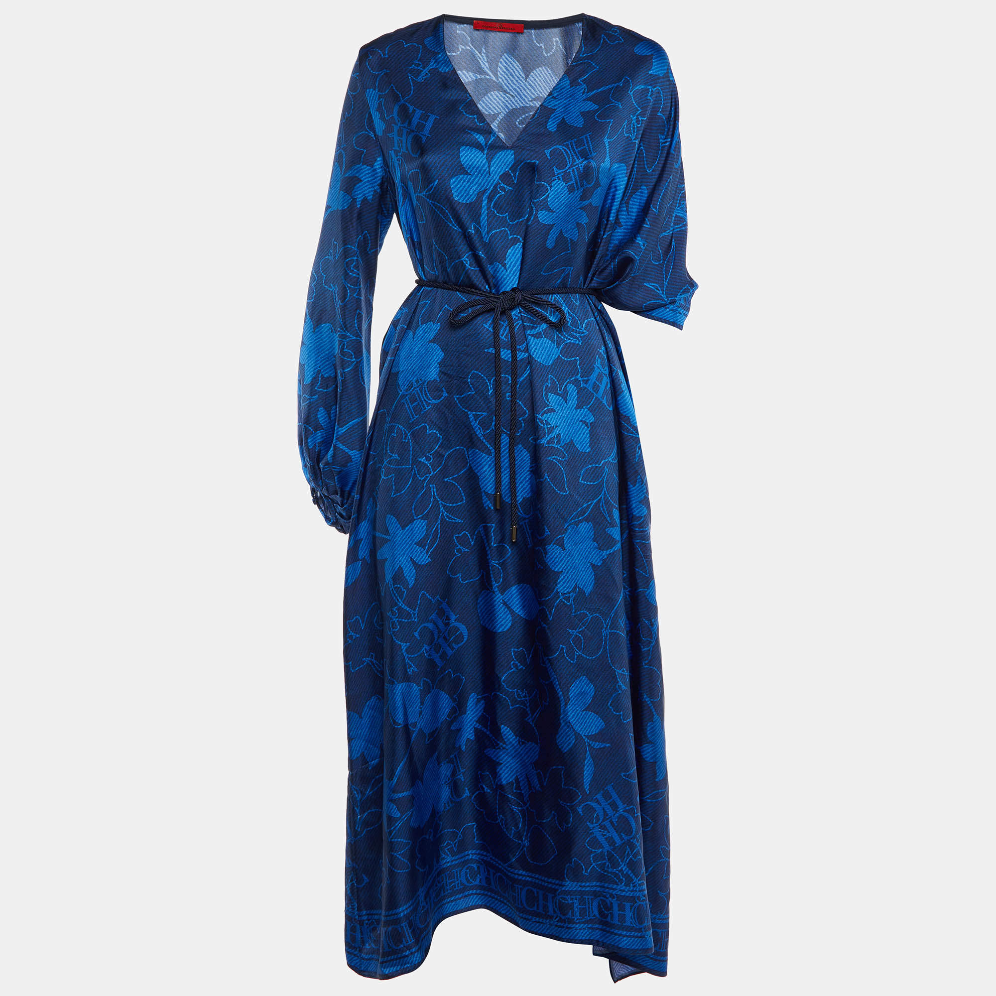 CH Carolina Herrera Blue Logo Floral Print Silk Asymmetric Tunic L