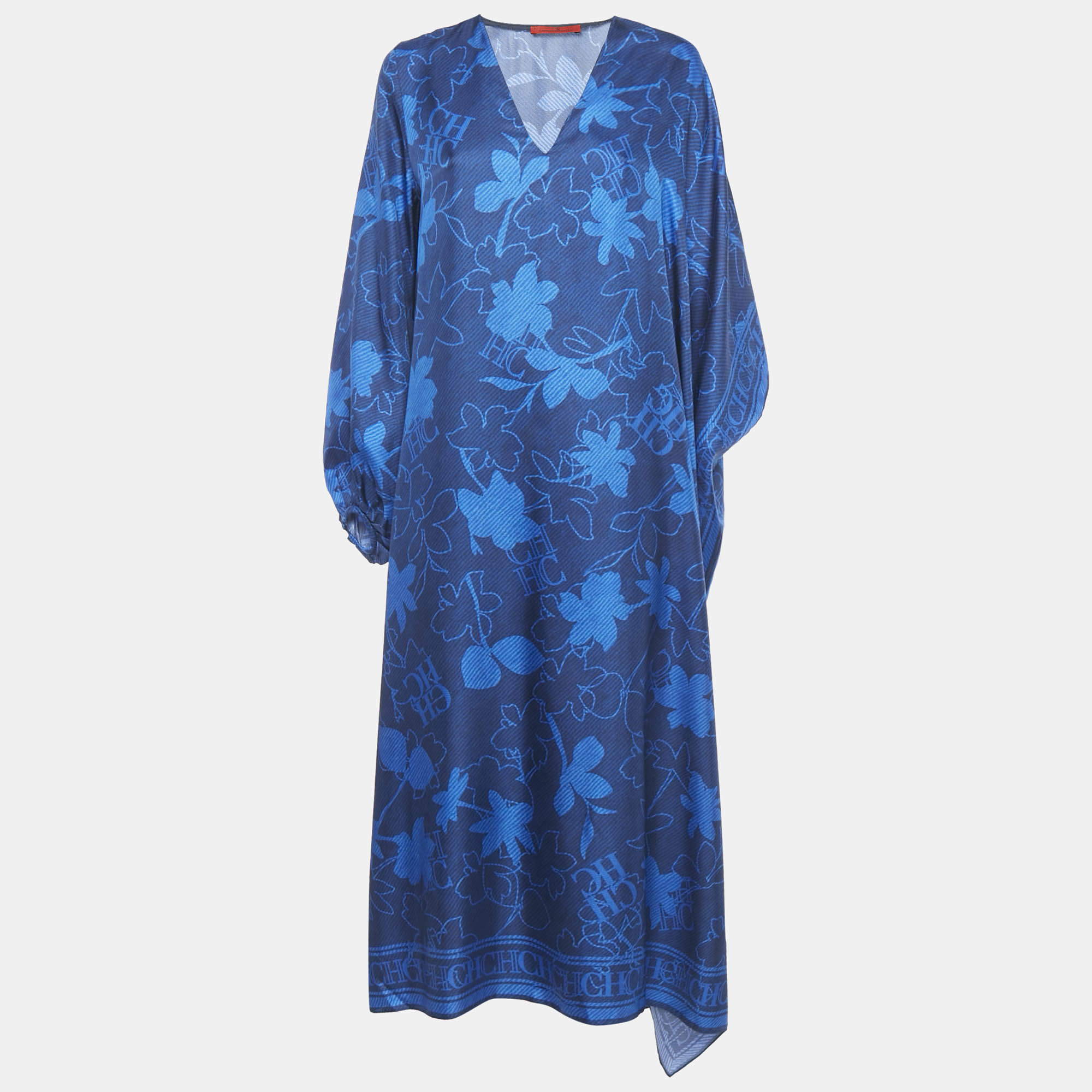 مملوكة مسبقًا CH Carolina Herrera Blue Logo Floral Print Silk Asymmetric Tunic L