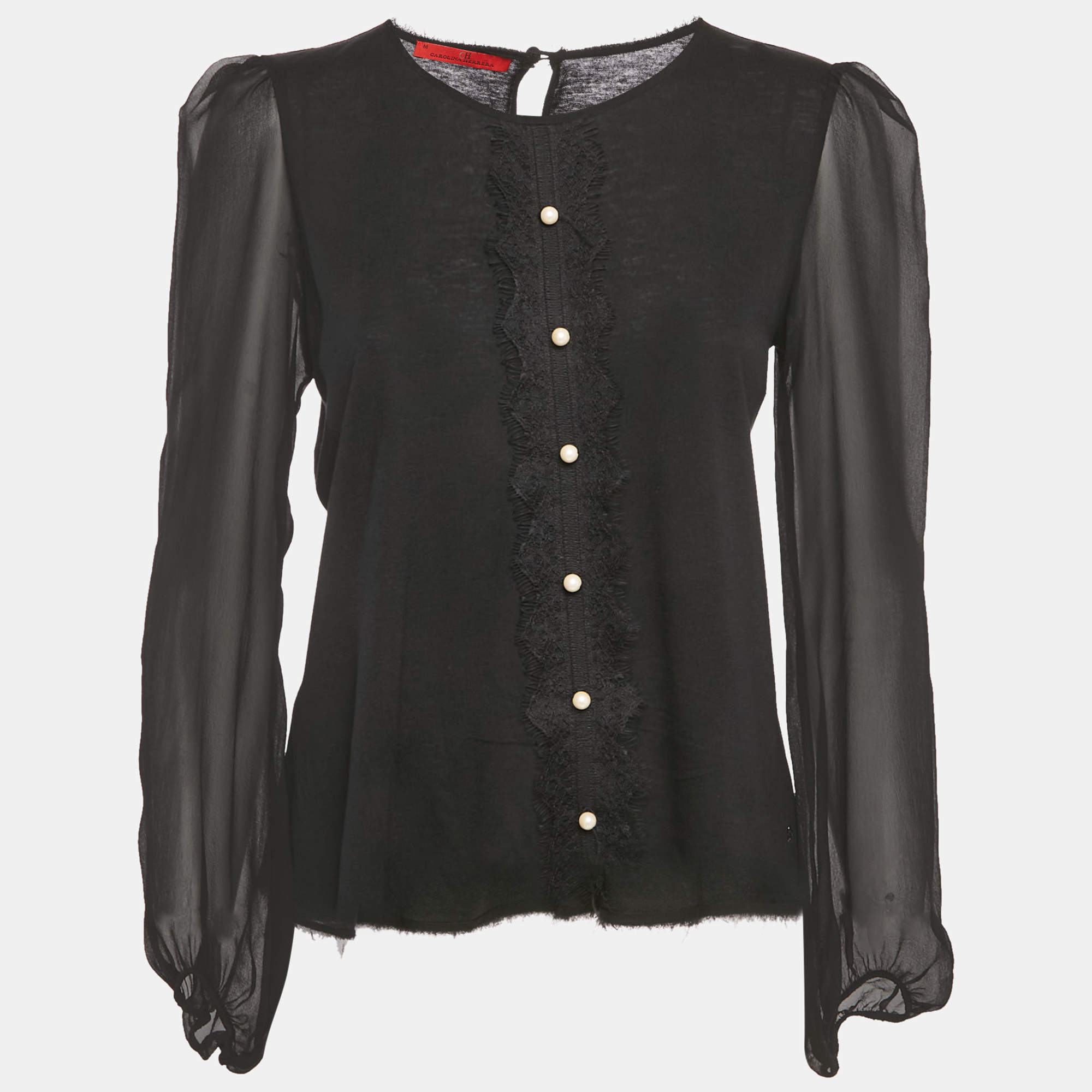 Pre Owned CH Carolina Herrera Black Lace Trim Knit and Silk Top M