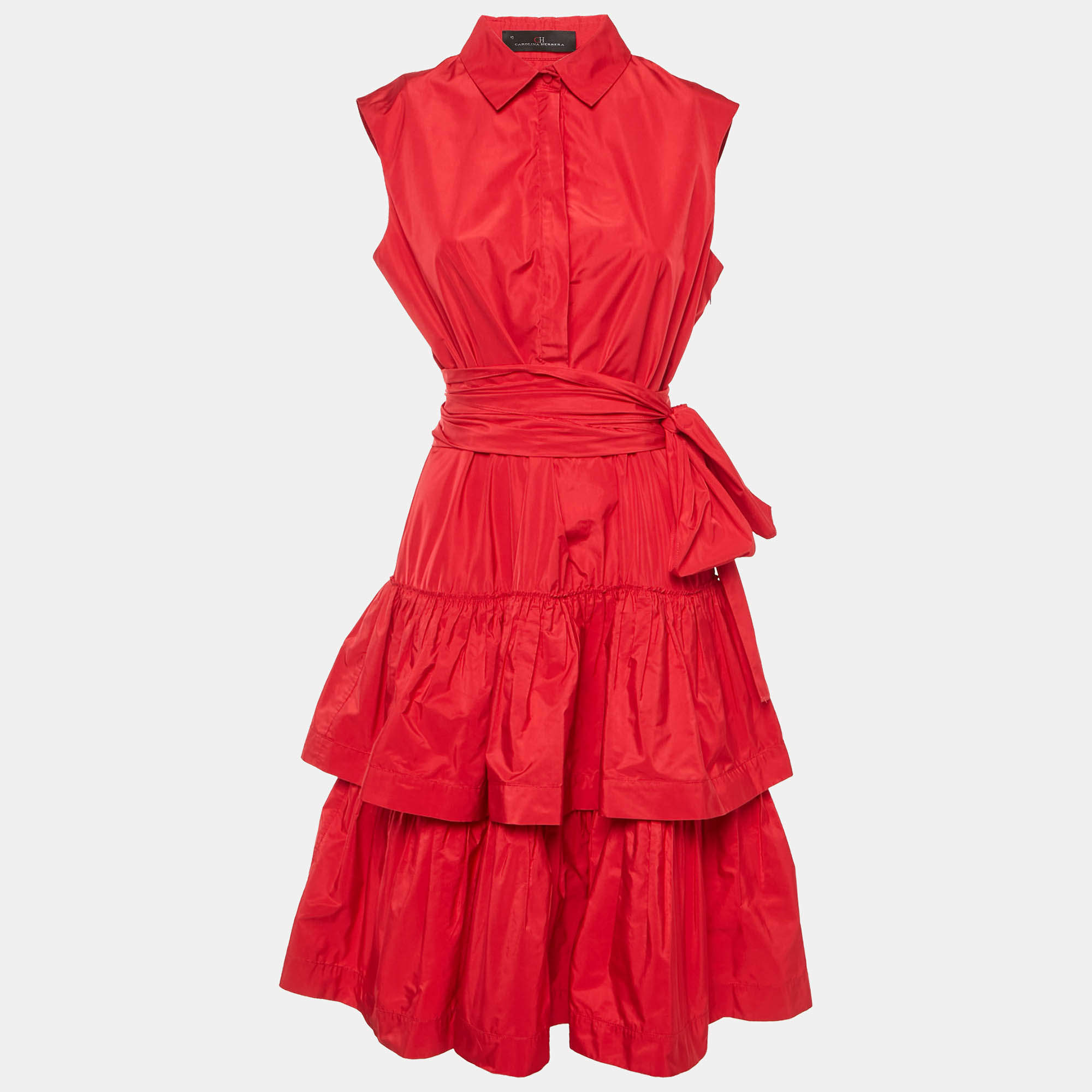 Pre Owned CH Carolina Herrera Red Taffeta Tiered Sleeveless Shirt Dress L