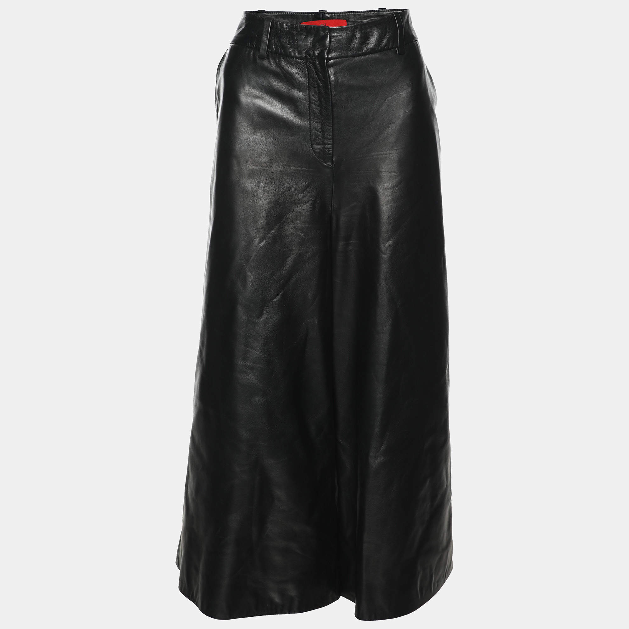 CH Carolina Herrera Black Lambskin Leather Wide Leg Capri Pants M