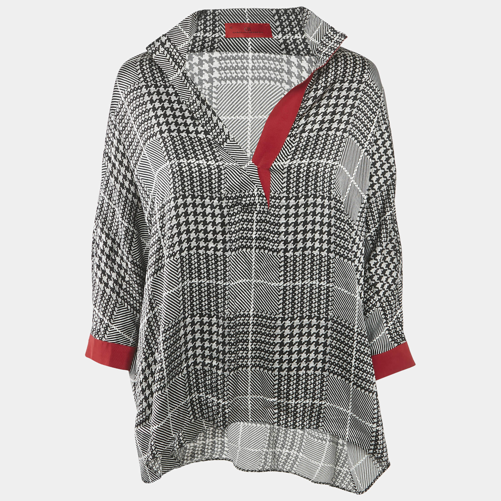 CH Carolina Herrera Black Houndstooth Print Satin Loose Fit Blouse XS