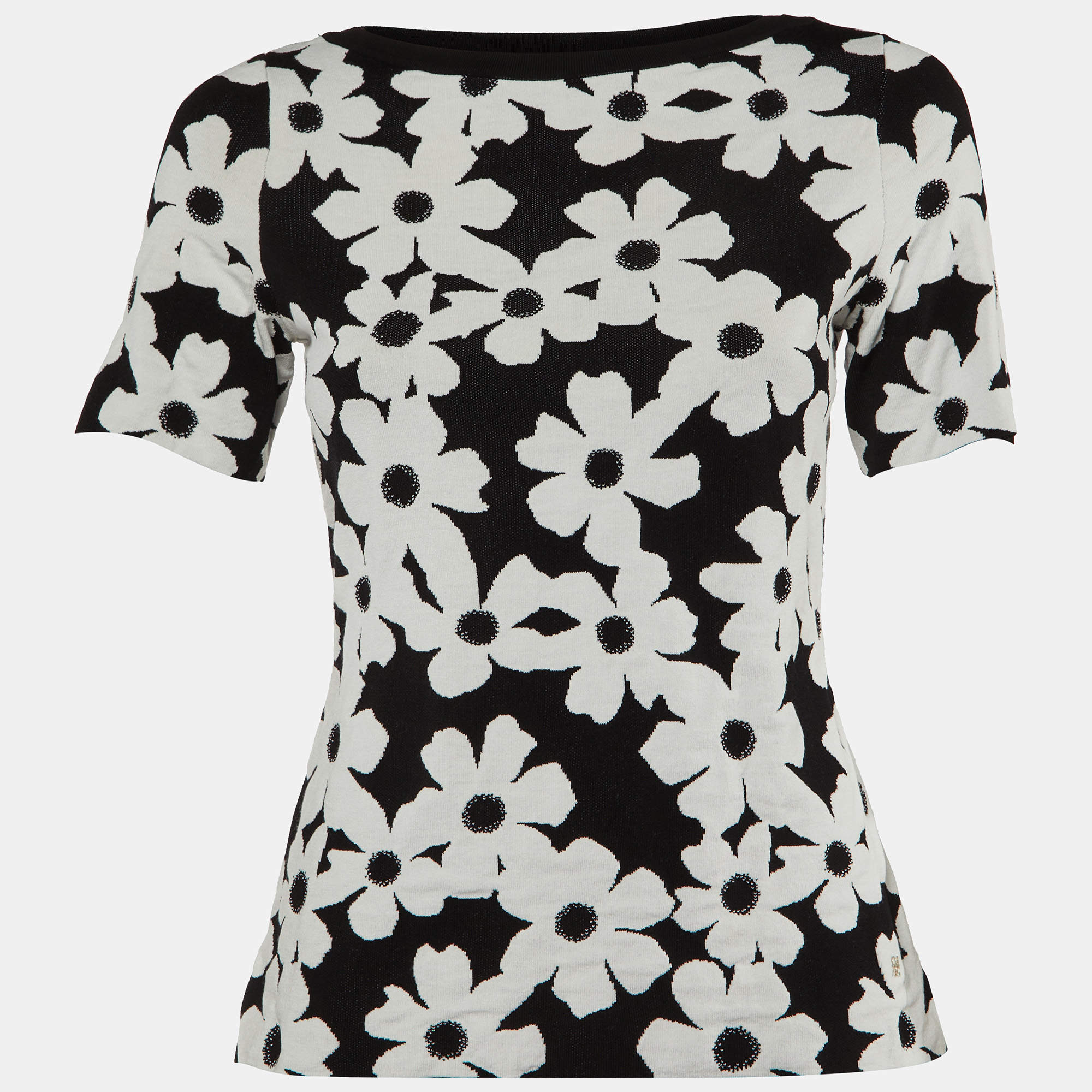Pre Owned CH Carolina Herrera Monochrome Floral Jacquard Knit Top XXS