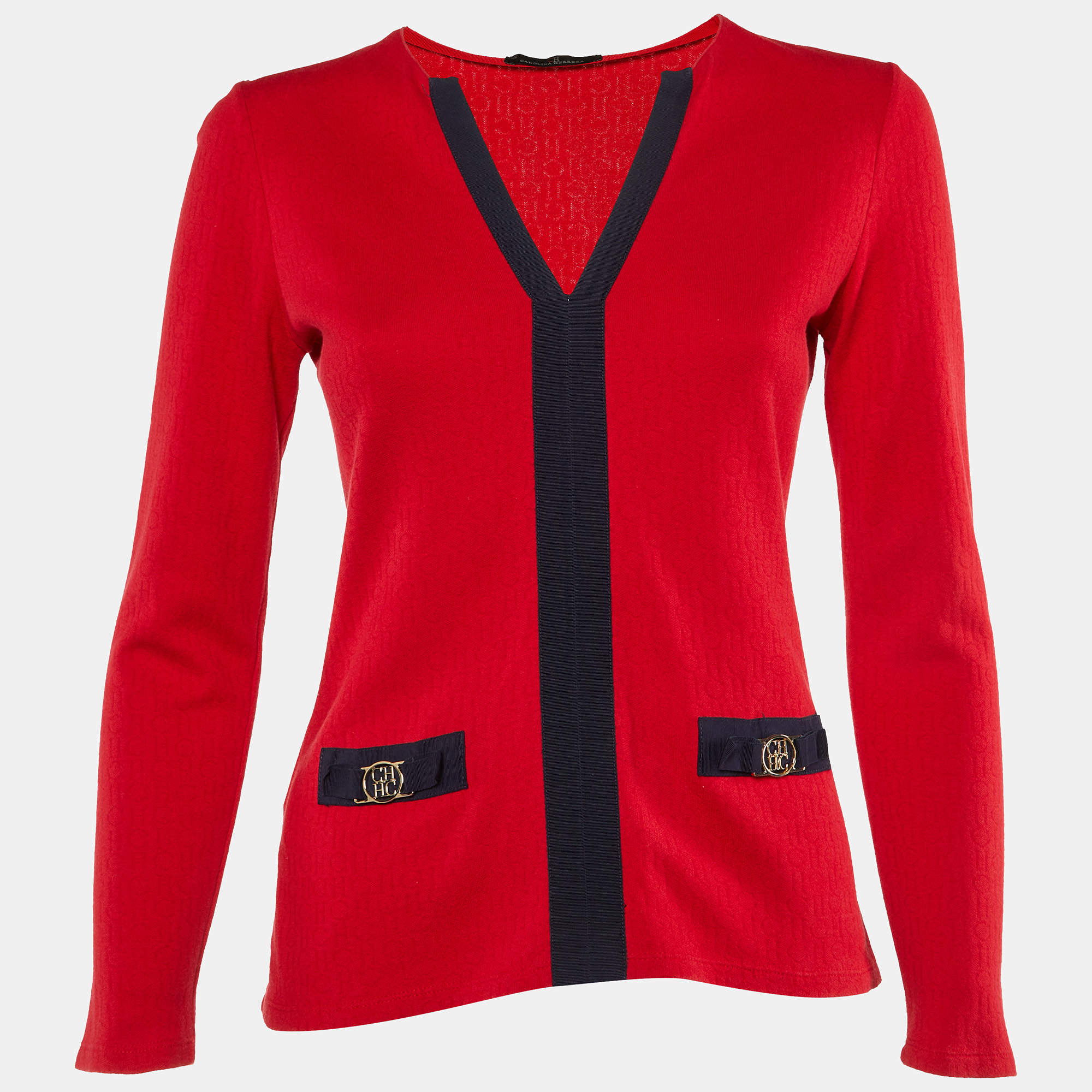 Pre Owned CH Carolina Herrera Red CH Pattern Cotton V-Neck Top XS