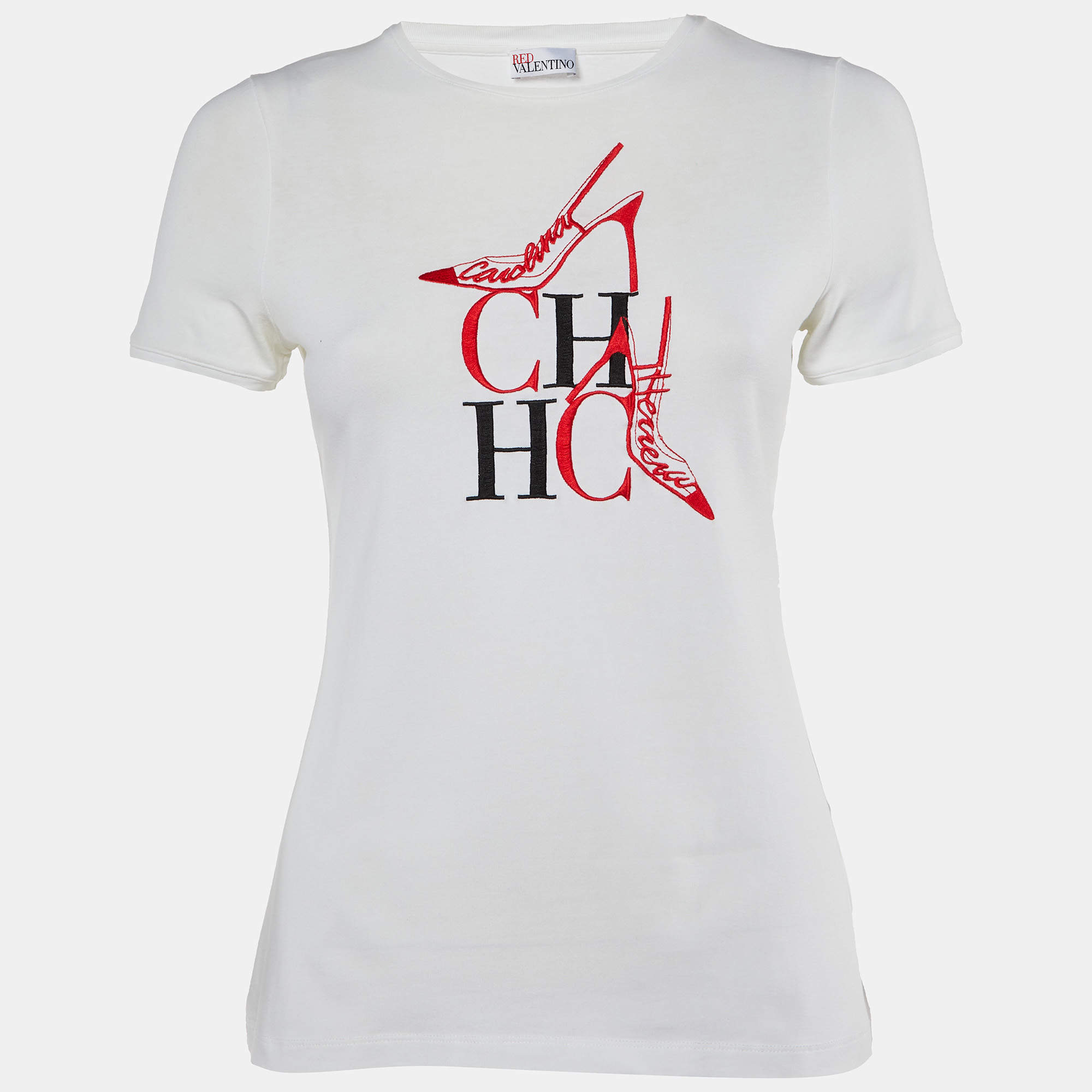 Pre Owned CH Carolina Herrera White CH Embroidered Cotton T-Shirt XS