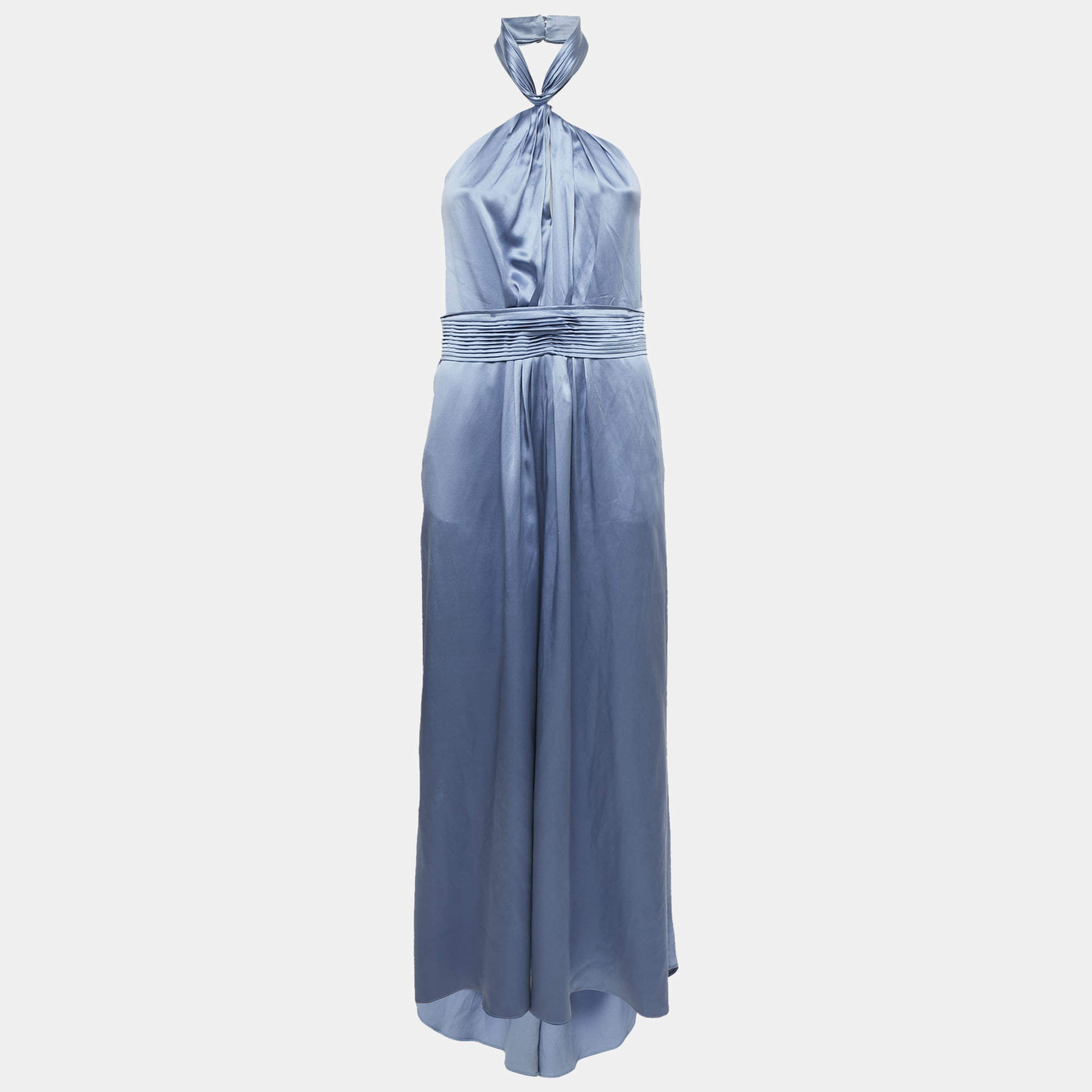 Pre Owned CH Carolina Herrera Blue Silk Halter Neck Pleated Maxi Dress M