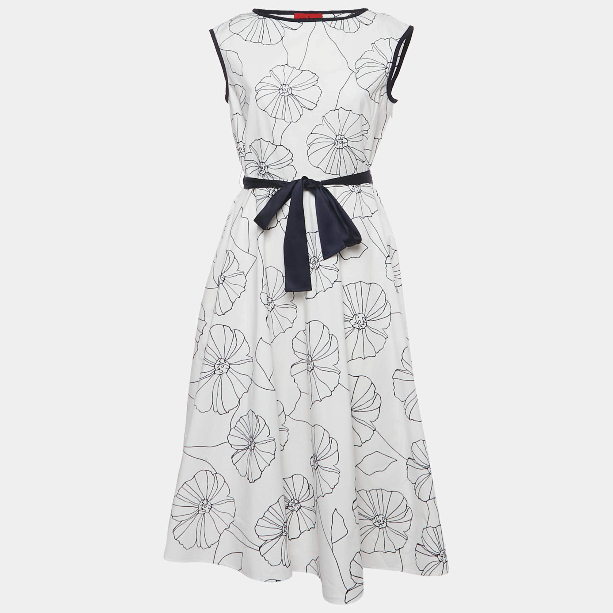 Pre Owned CH Carolina Herrera White Floral Embroidered Cotton Belted Midi Dress M