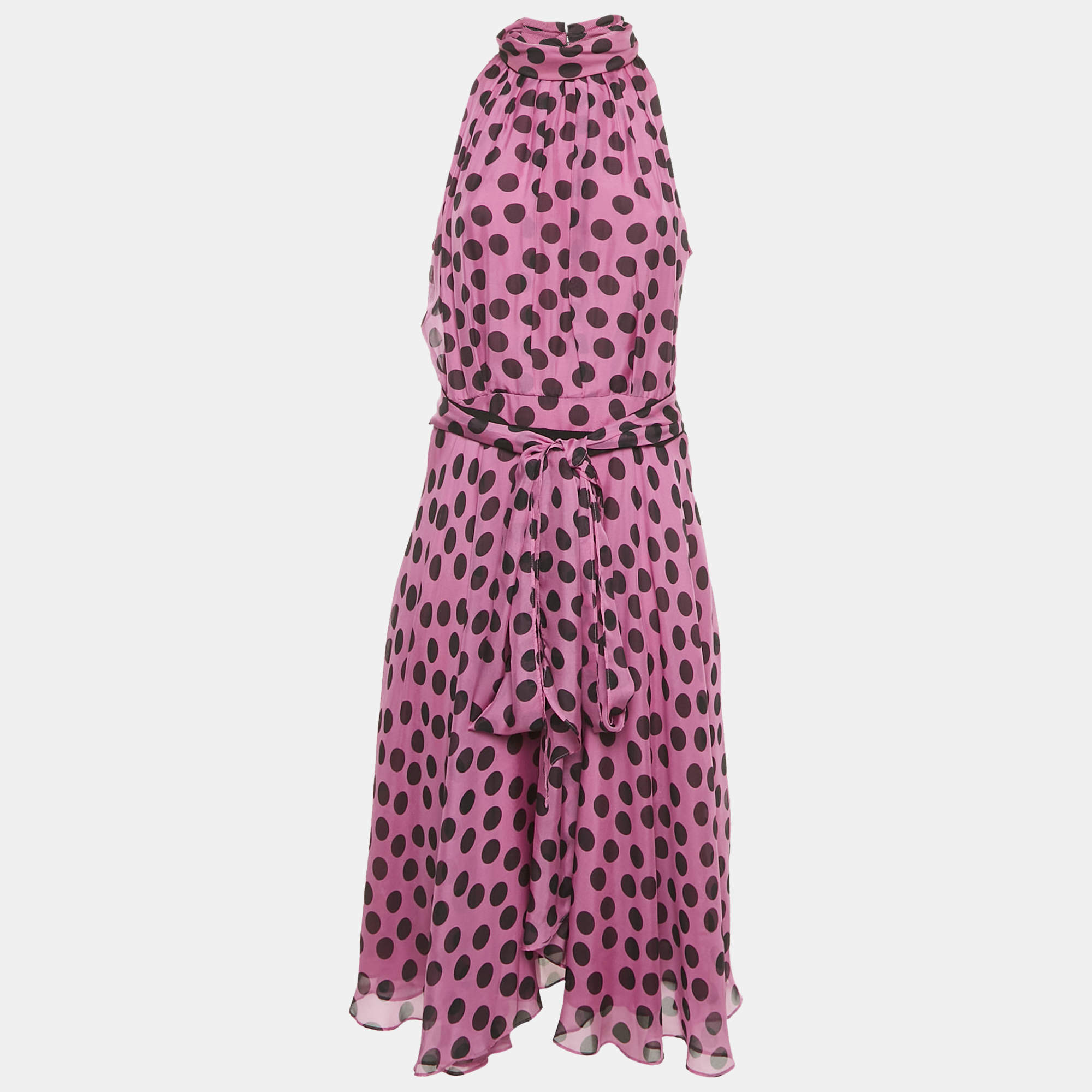 Pre Owned CH Carolina Herrera Purple Polka Dots Silk Tiered Midi Dress L