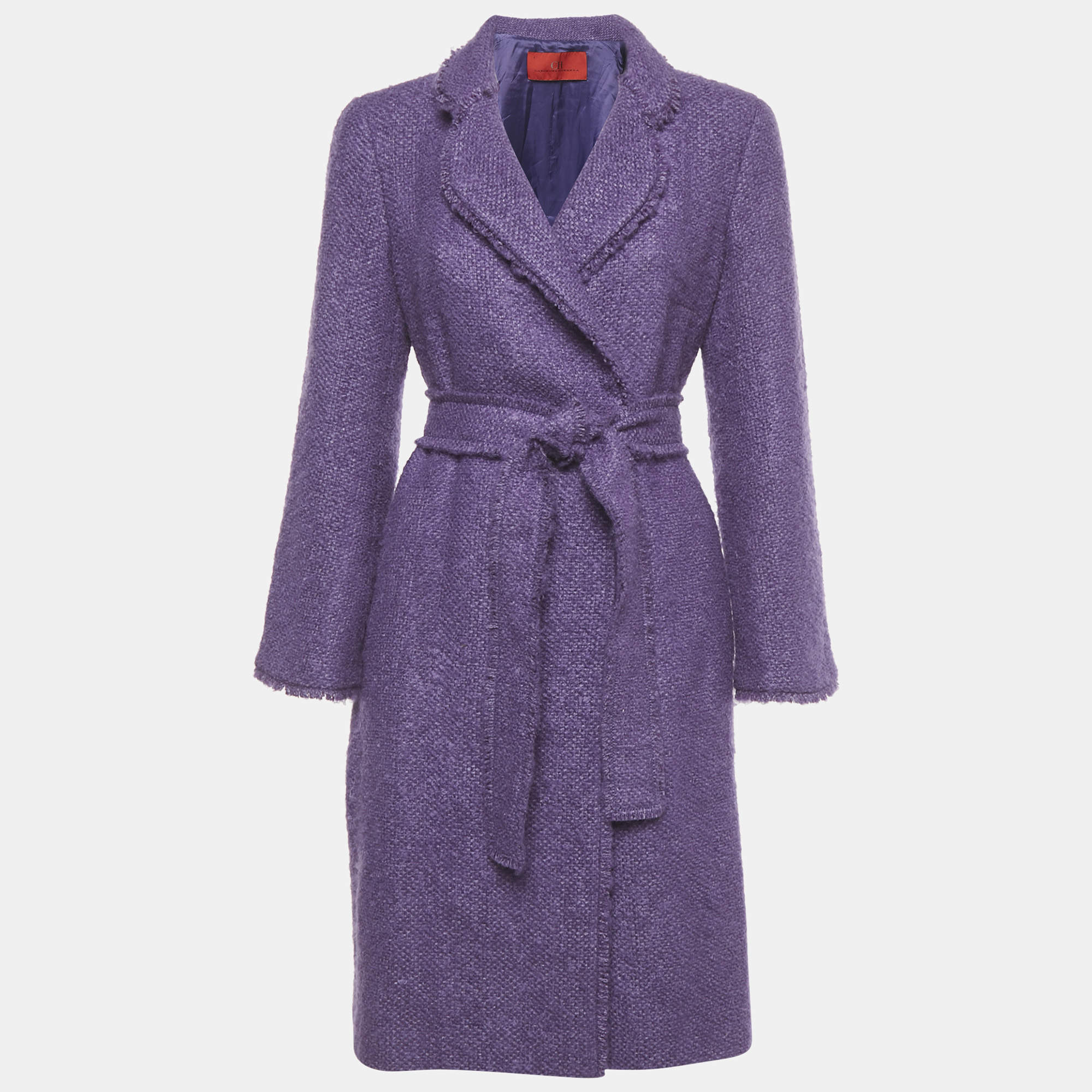 Pre Owned CH Carolina Herrera Purple Wool Blend Tweed Belted Mid-Length Coat M