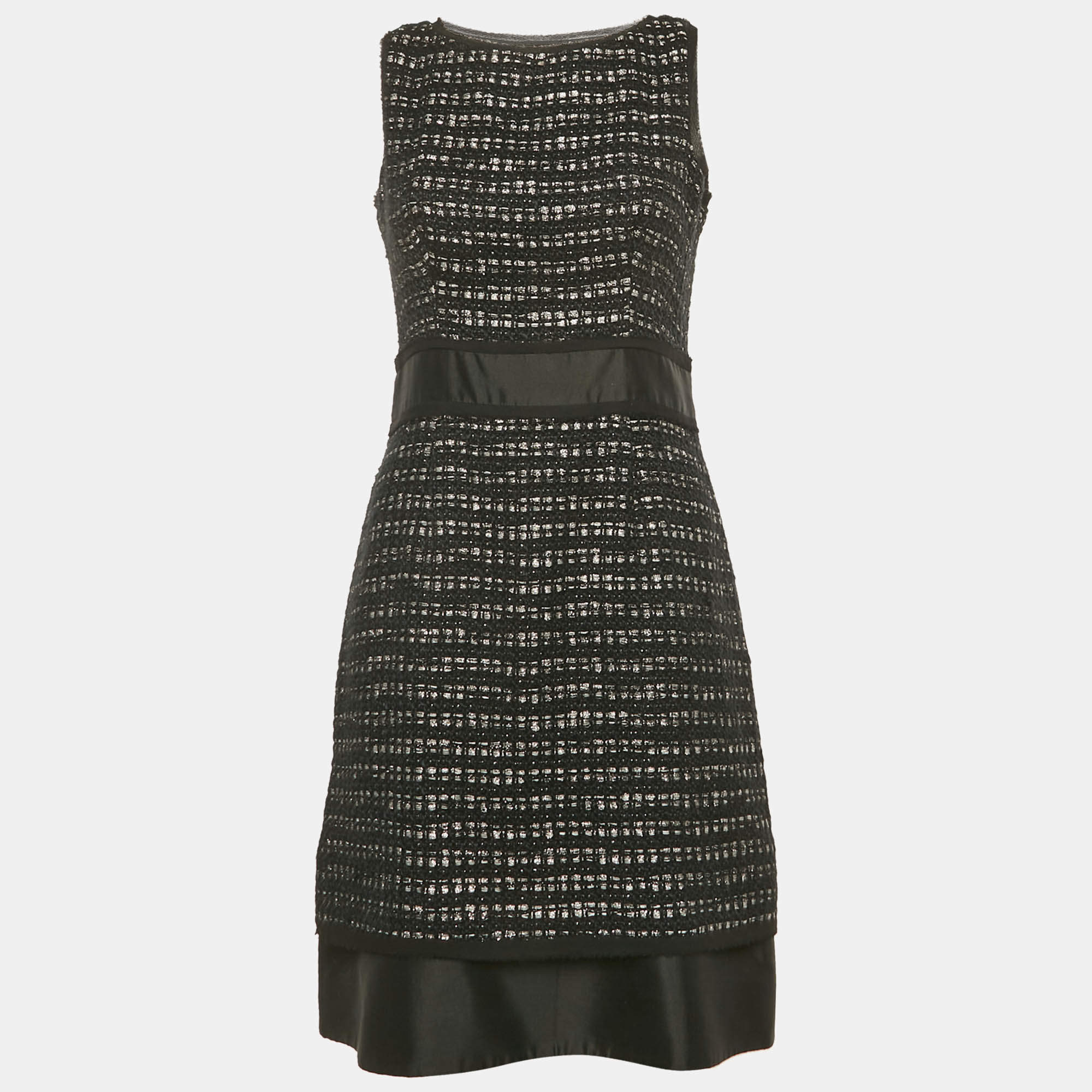 Pre Owned CH Carolina Herrera Black Lurex Tweed Raw Edge Short Dress M