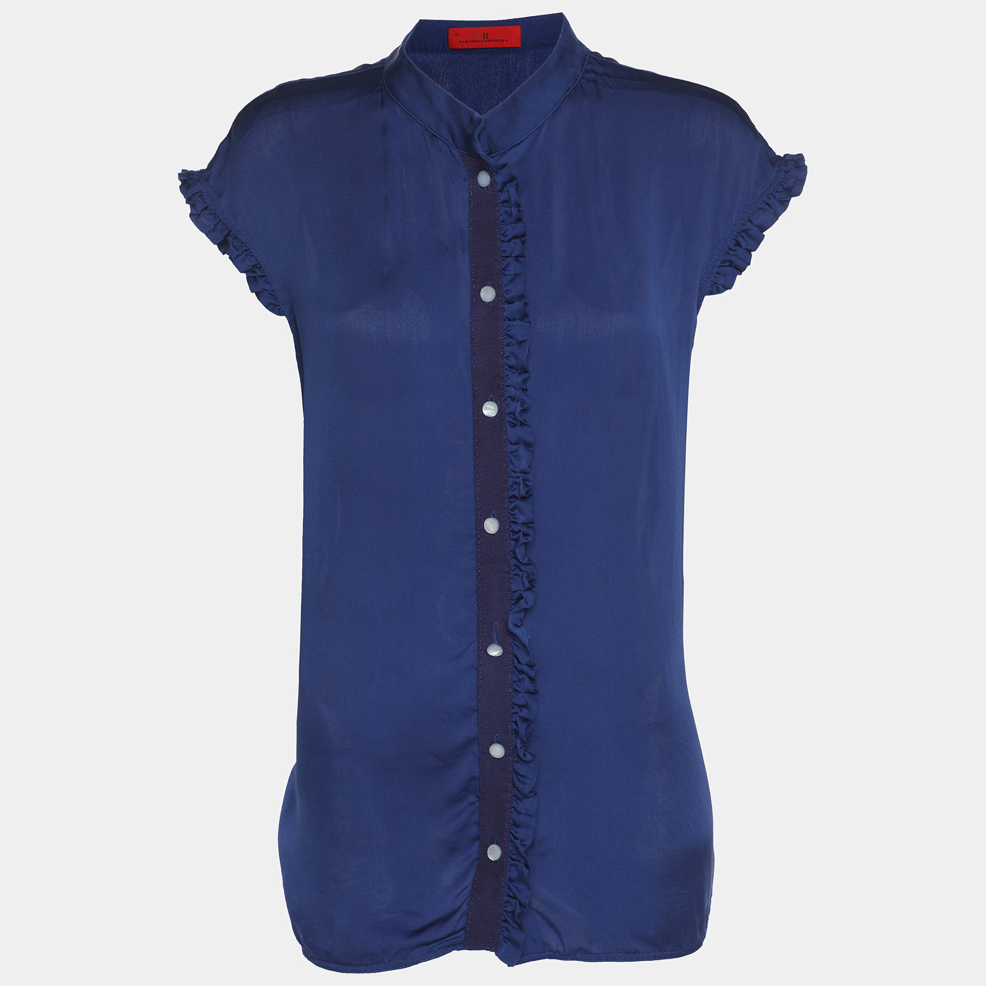 Pre Owned CH Carolina Herrera Blue Satin Ruffle Tops L