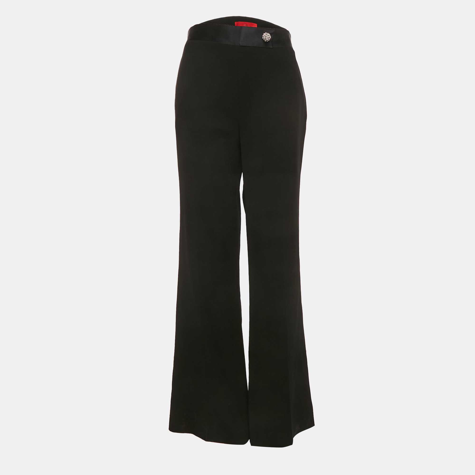 Pre Owned CH Carolina Herrera Black Crepe Brooch Detailed Flared Trousers S