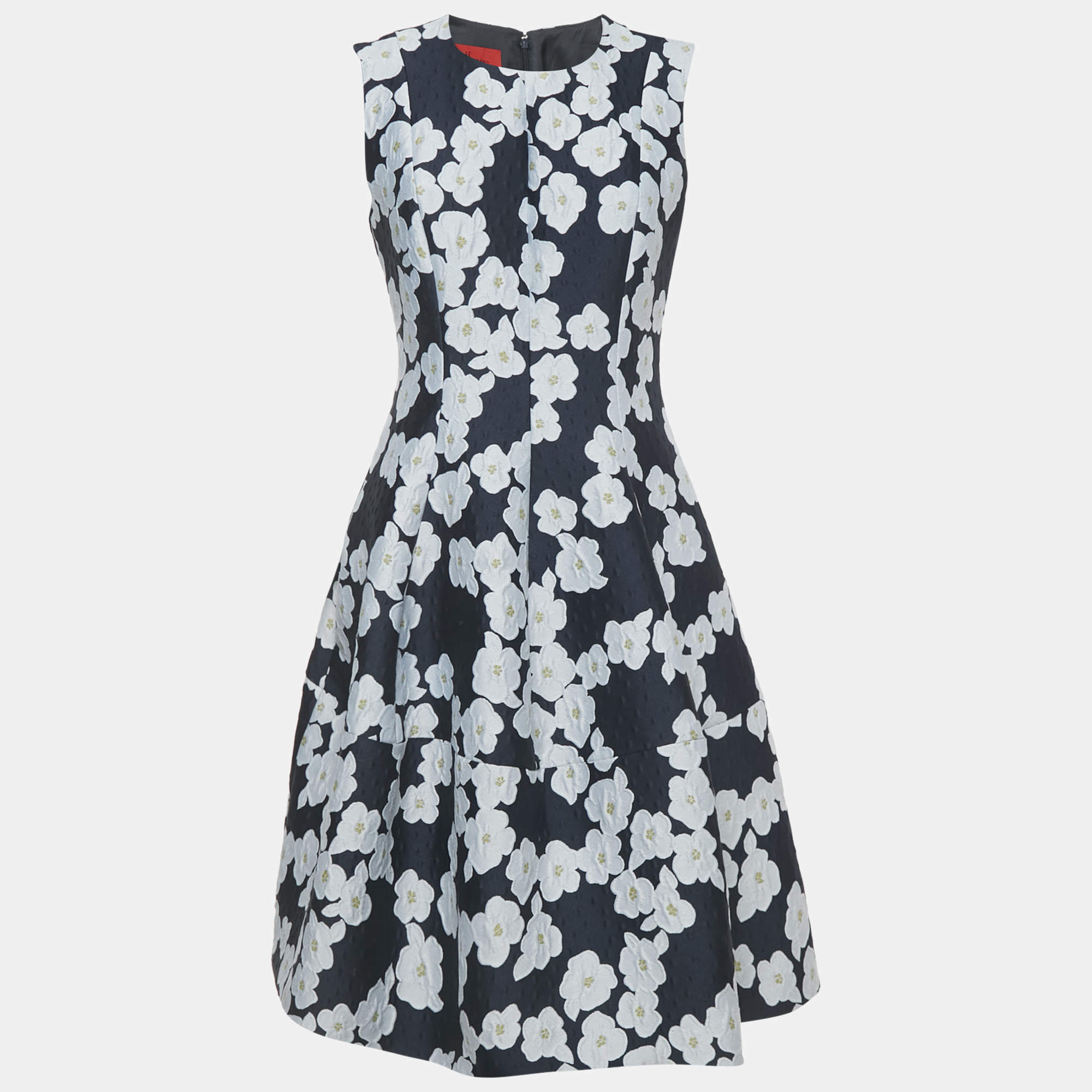 مملوكة مسبقًا CH Carolina Herrera Navy Blue Floral Jacquard Flared Short Dress M