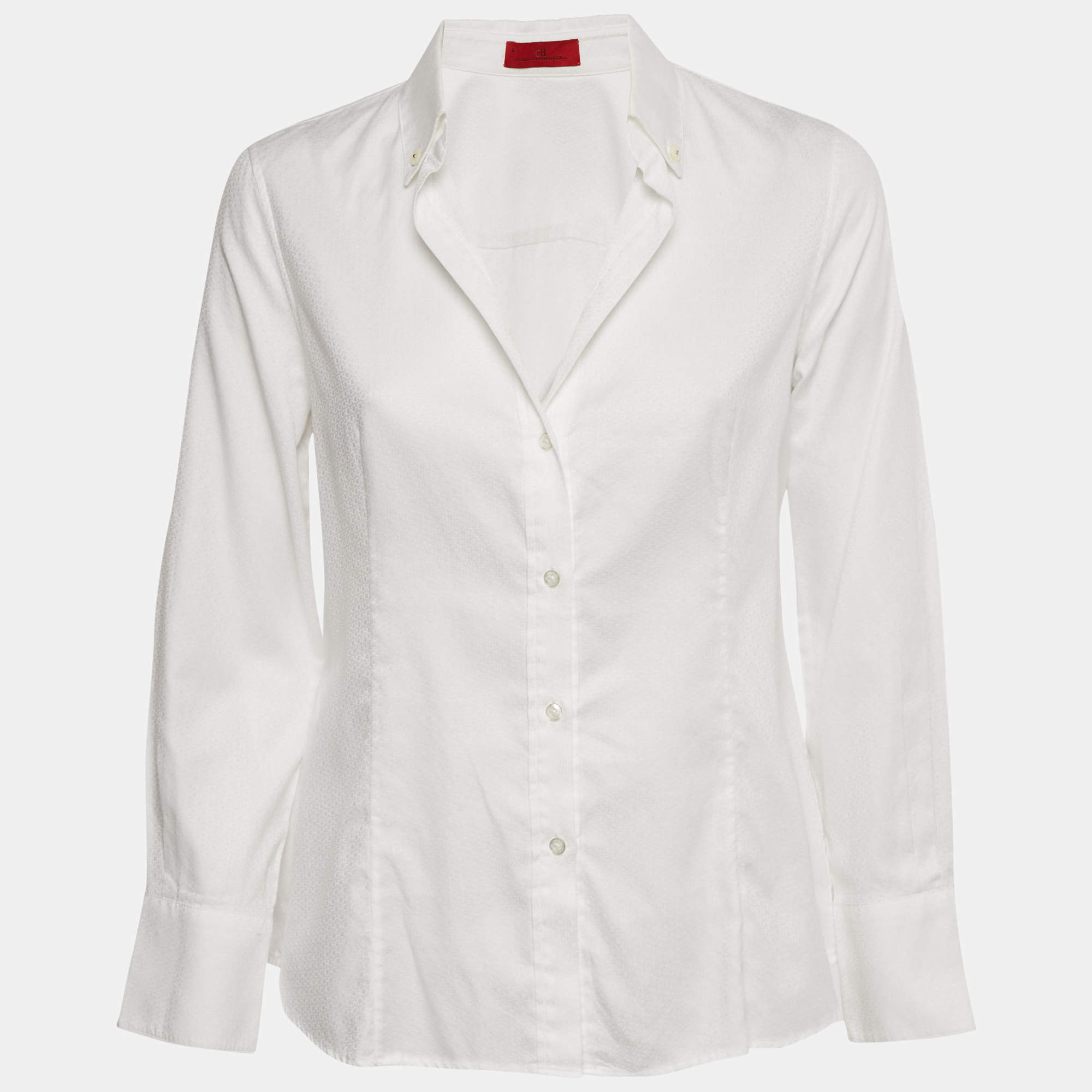 Pre Owned CH Carolina Herrera White Logo Patterned Cotton Shirt M 