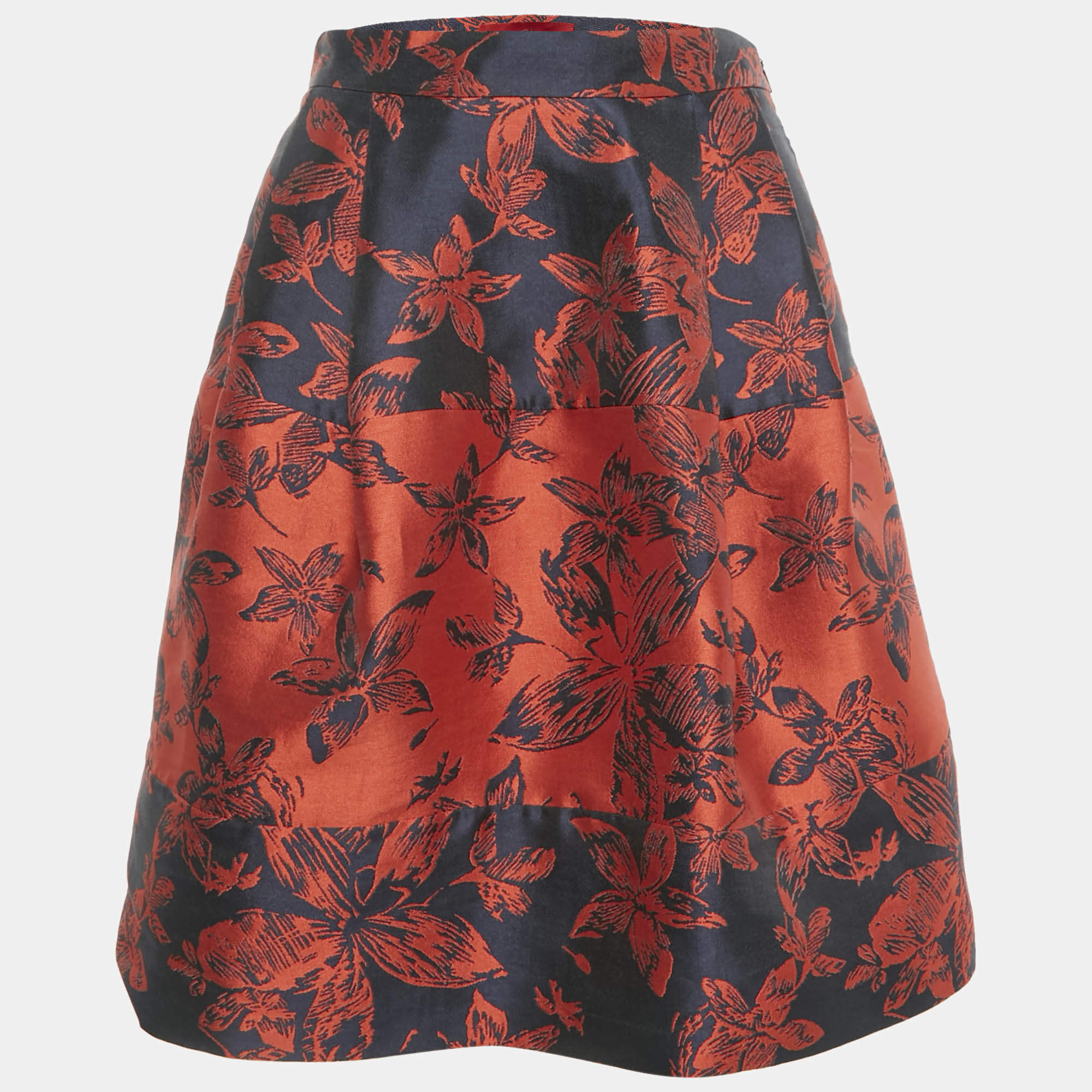 Pre Owned CH Carolina Herrera Blue/Red Floral Jacquard Pleated Short Skirt S