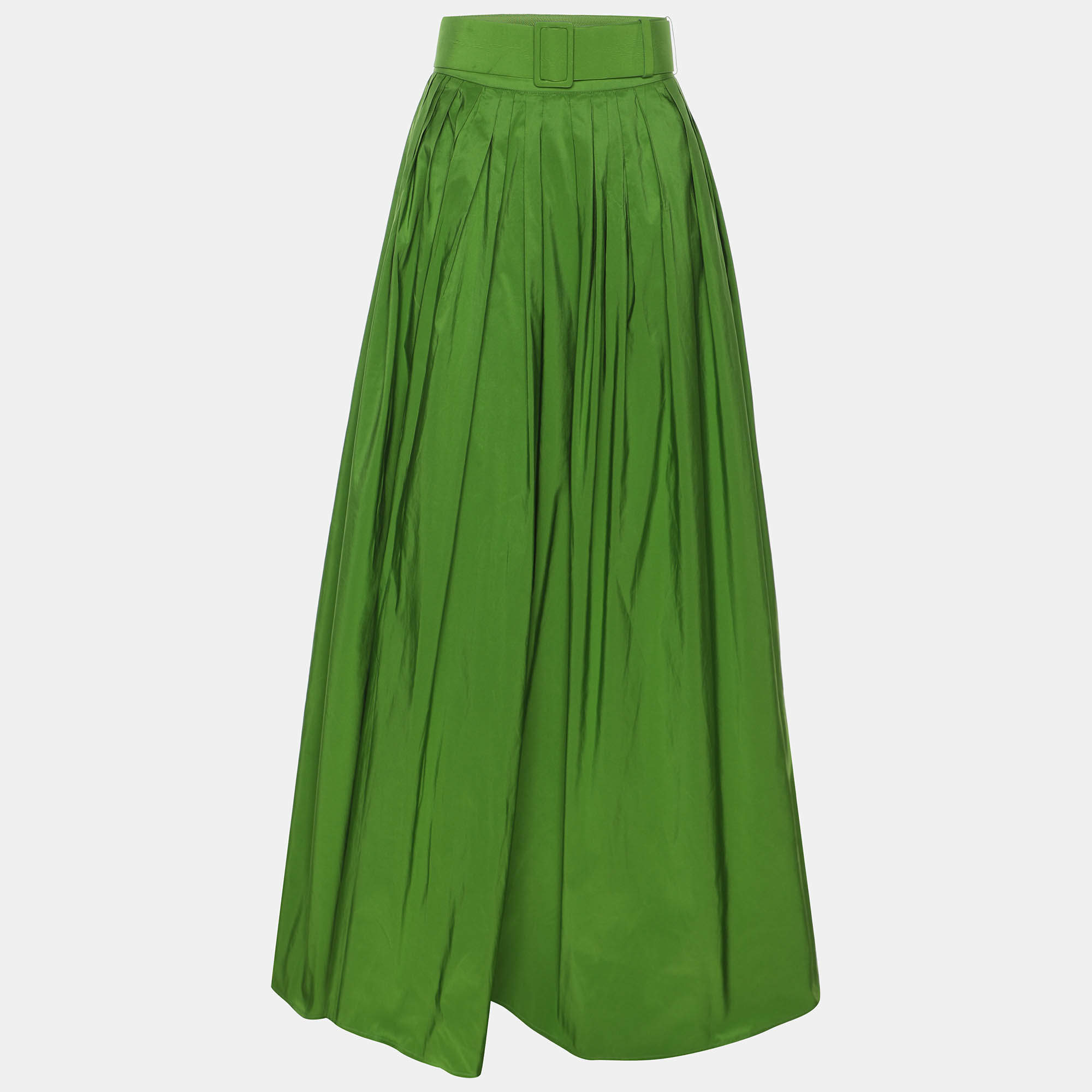 Pre Owned CH Carolina Herrera Green Satin Pleated Belted Maxi Skirt M