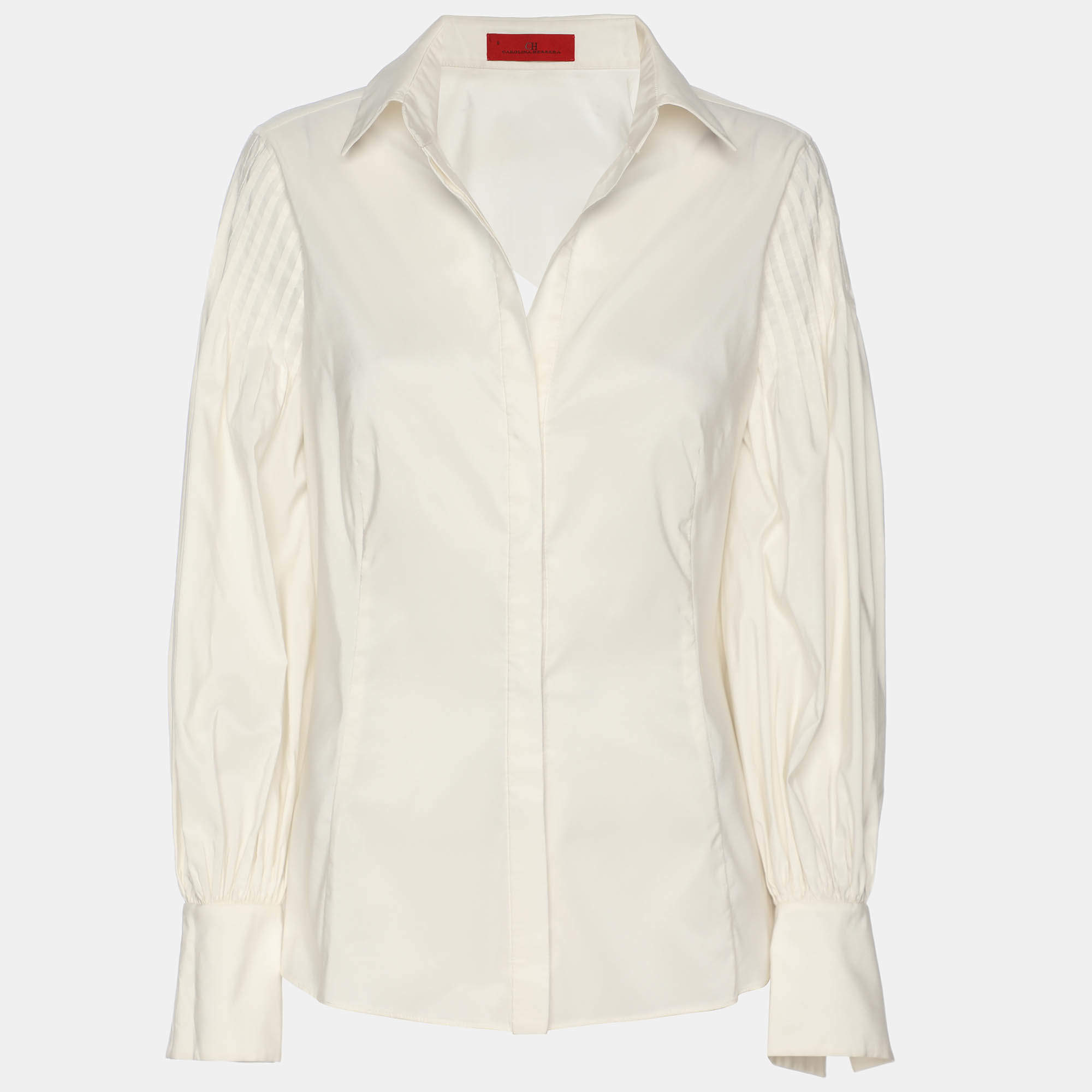 Pre Owned توب سي إتش كارولينا هيريرا نايلون كريمي بأكمام طويلة مقاس متوسط - ميديوم