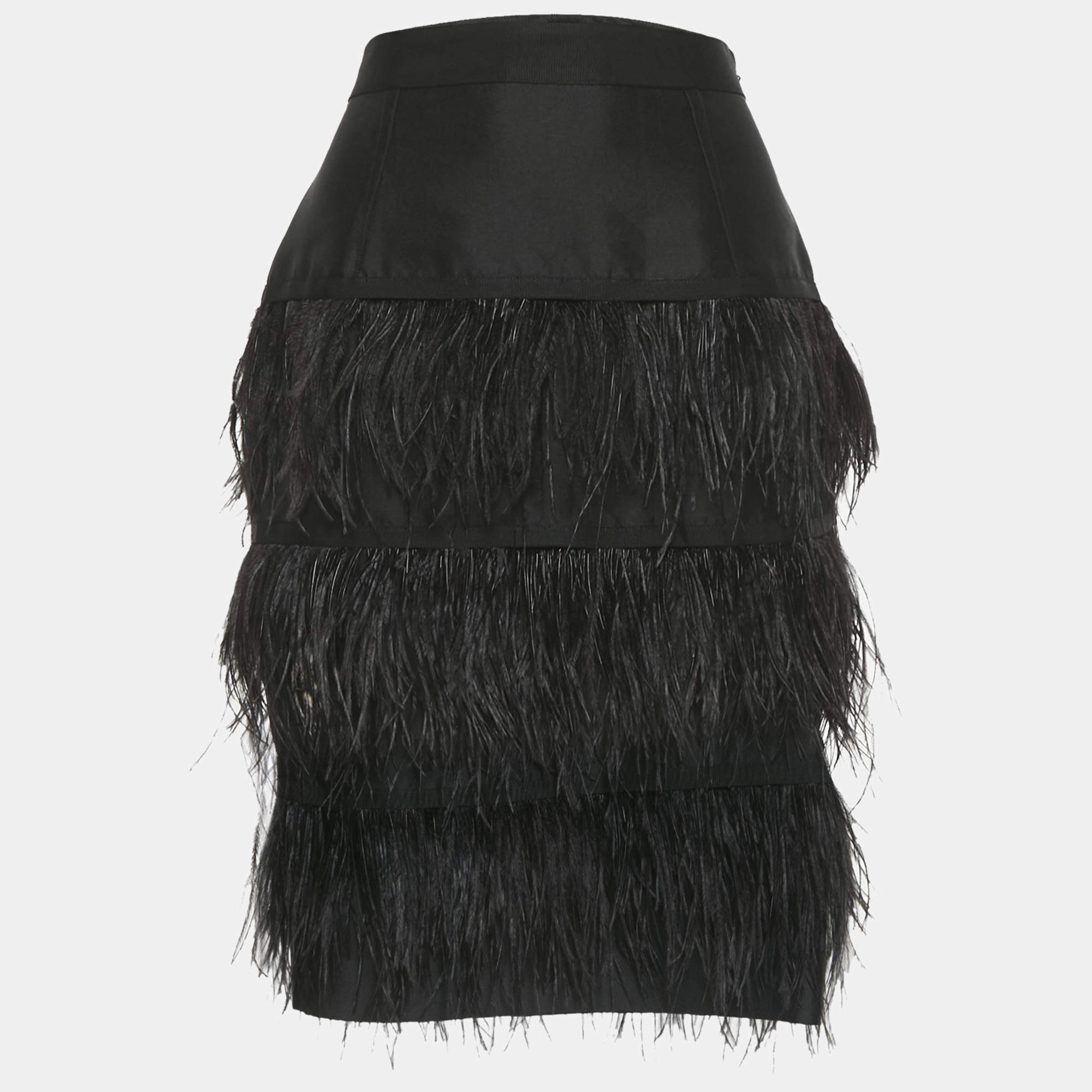 Pre Owned CH Carolina Herrera Black Silk and Cotton Feather Detail Knee-Length Skirt S