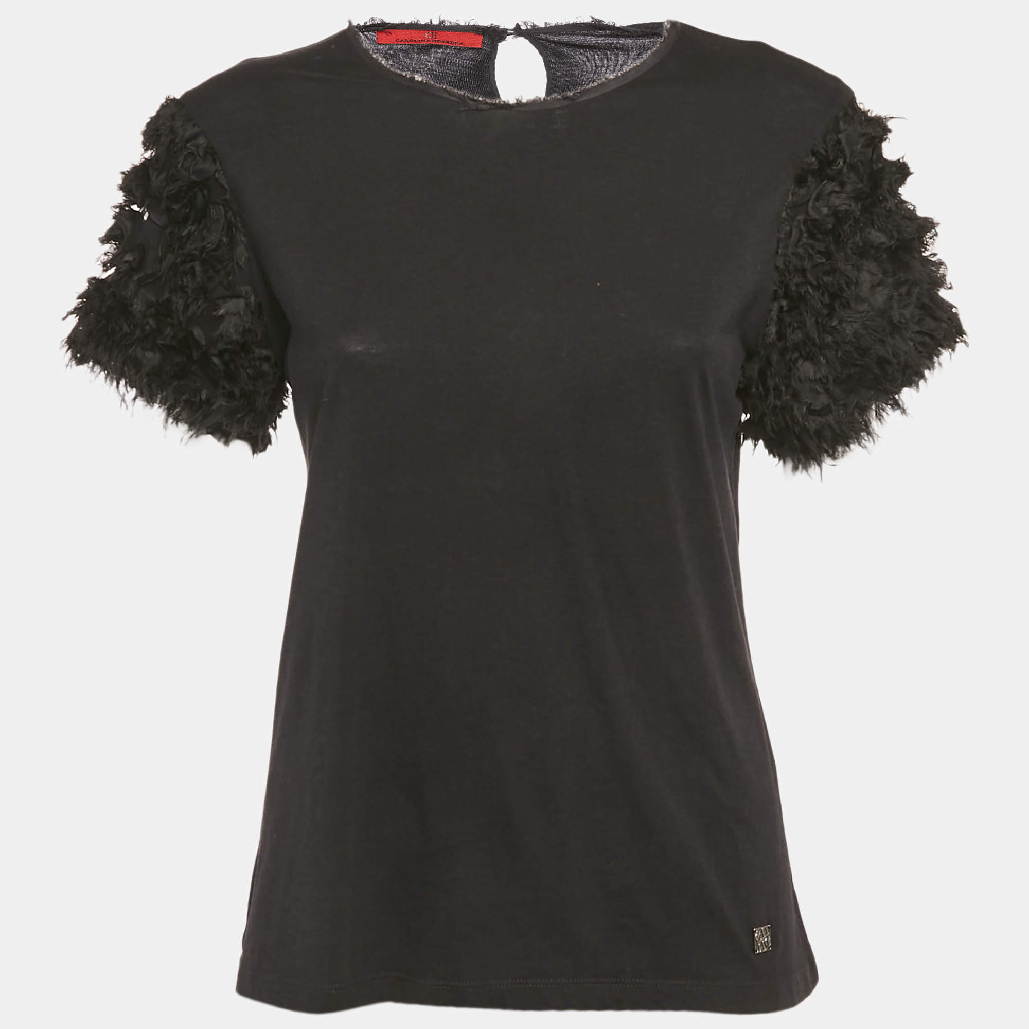 Pre Owned CH Carolina Herrera Black Rose Applique Detail Cotton Blend Frayed T-Shirt L