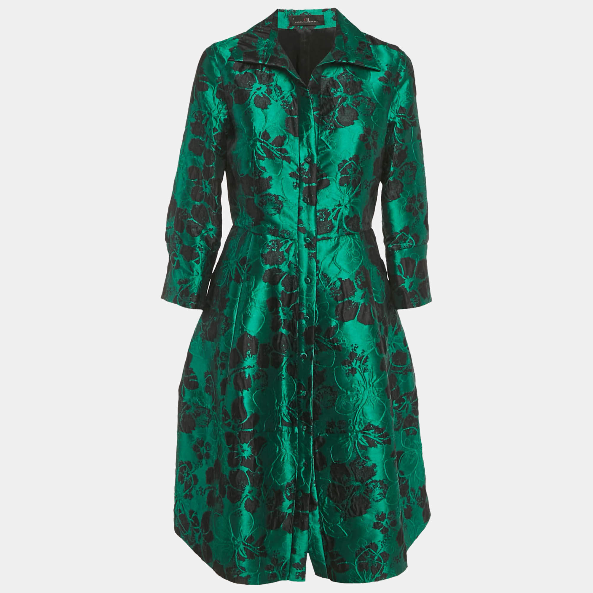 Pre Owned CH Carolina Herrera Green Floral Jacquard Button Front Midi Dress M