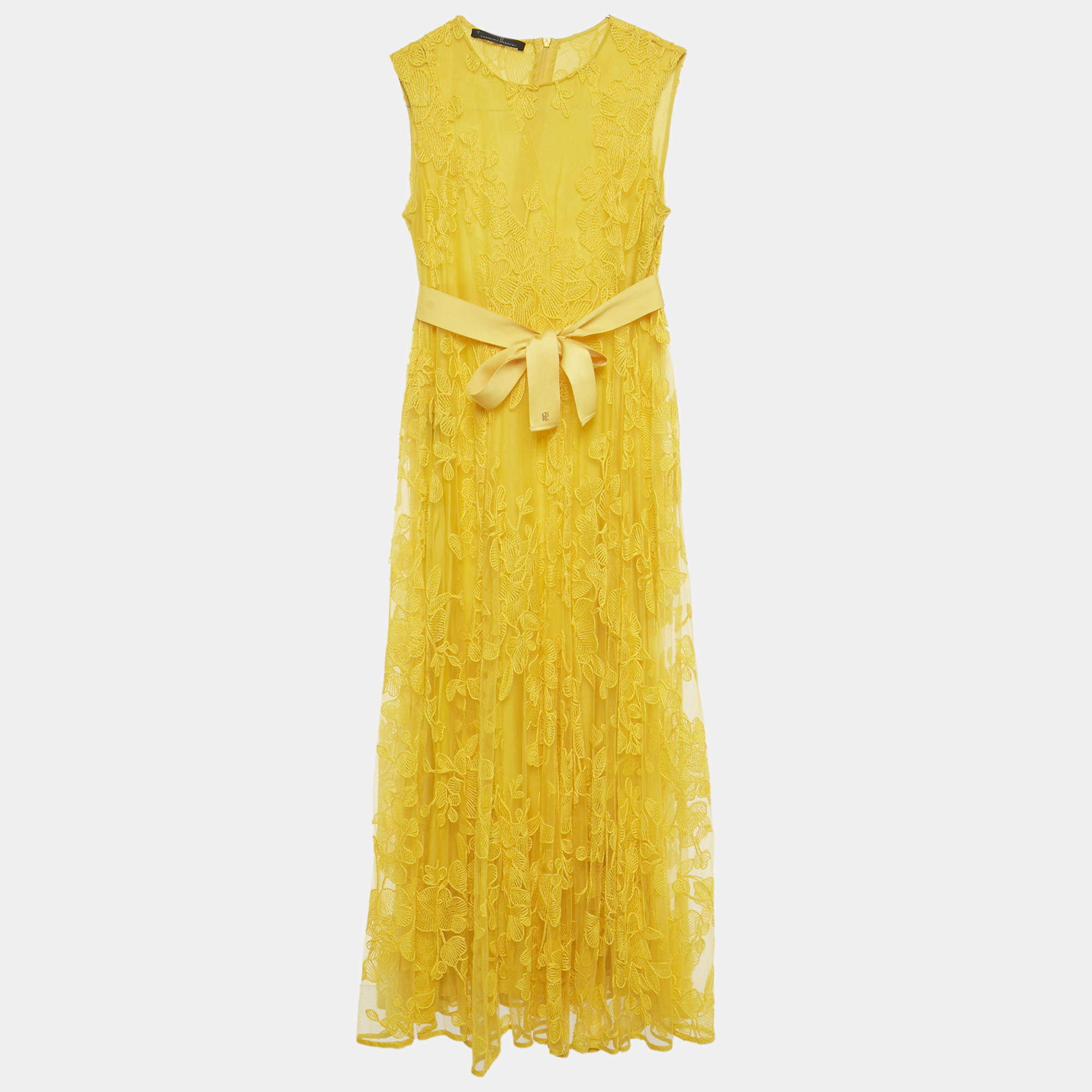 Pre Owned CH Carolina Herrera Yellow Floral Lace Midi Dress L