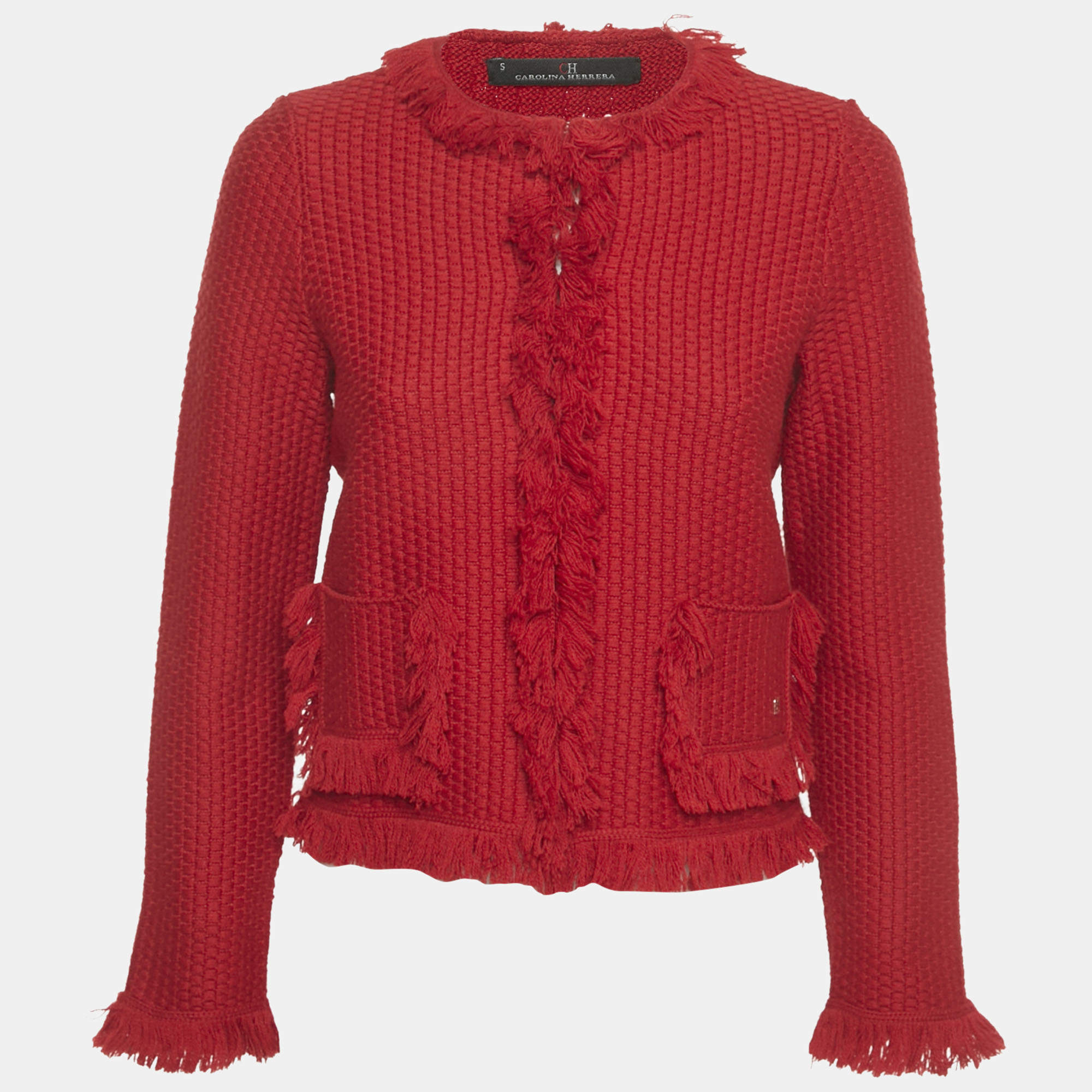 مملوكة مسبقًا CH Carolina Herrera Red Wool Blend Fringe Detail Cardigan S