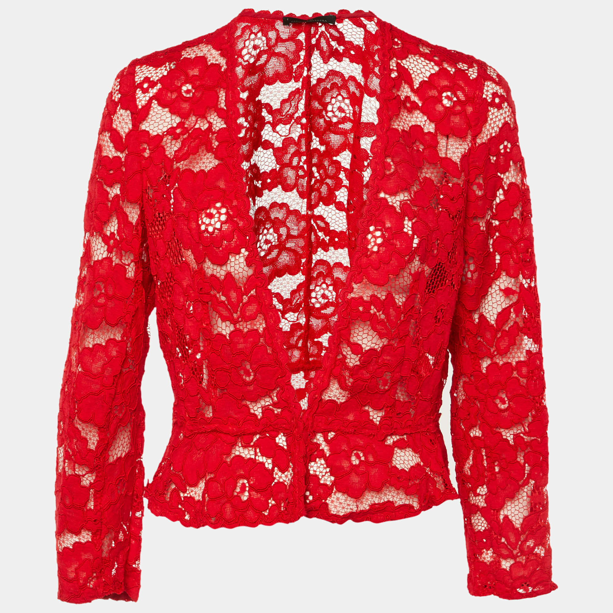 Pre Owned CH Carolina Herrera Red Lace Cropped Peplum Jacket M
