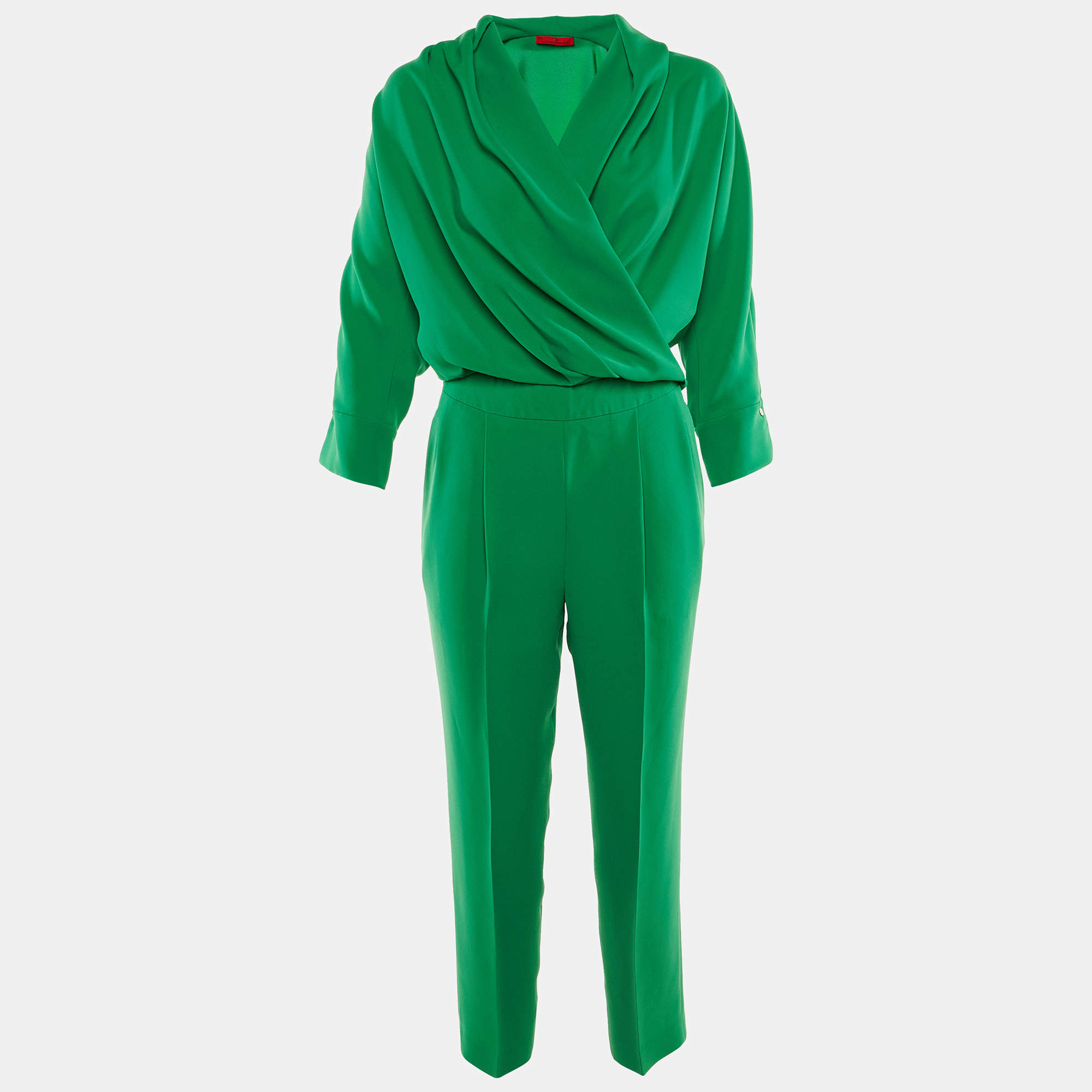 Pre Owned CH Carolina Herrera Green Crepe Faux Wrap Top & Pants Set XXS