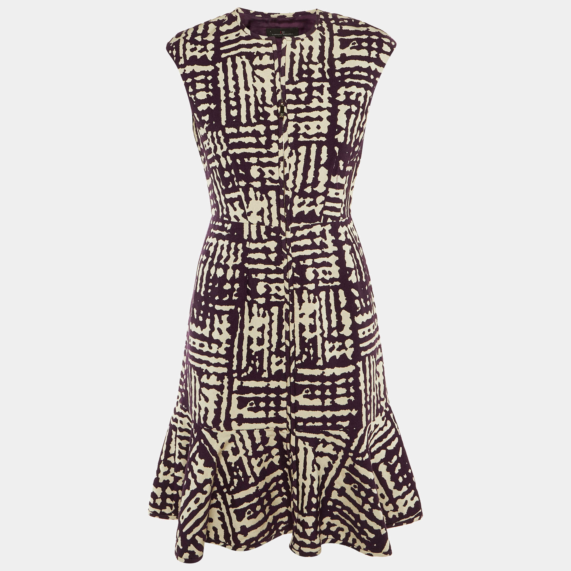 Pre Owned CH Carolina Herrera Purple /White Patterned Knit Flounced Hem Short Dress S 