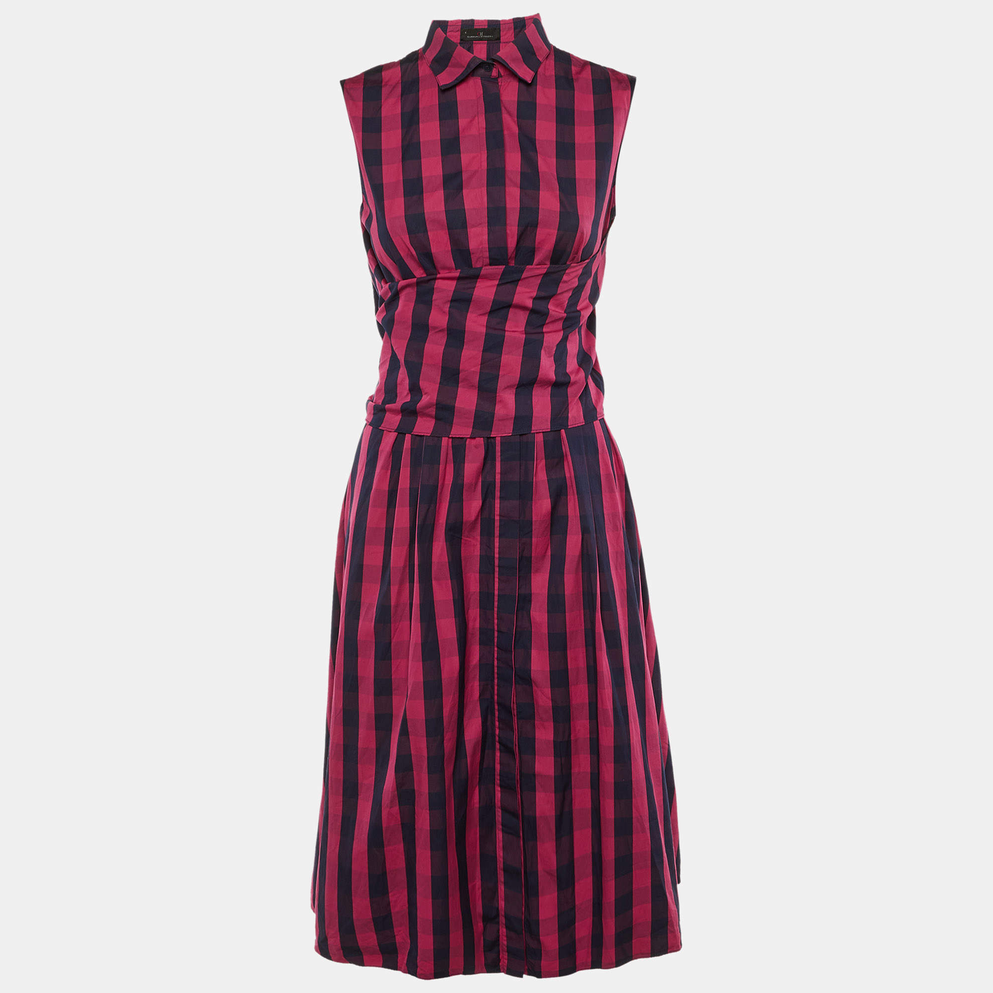 Pre Owned CH Carolina Herrera Pink Striped Cotton Waist Tie Detail Midi Dress M