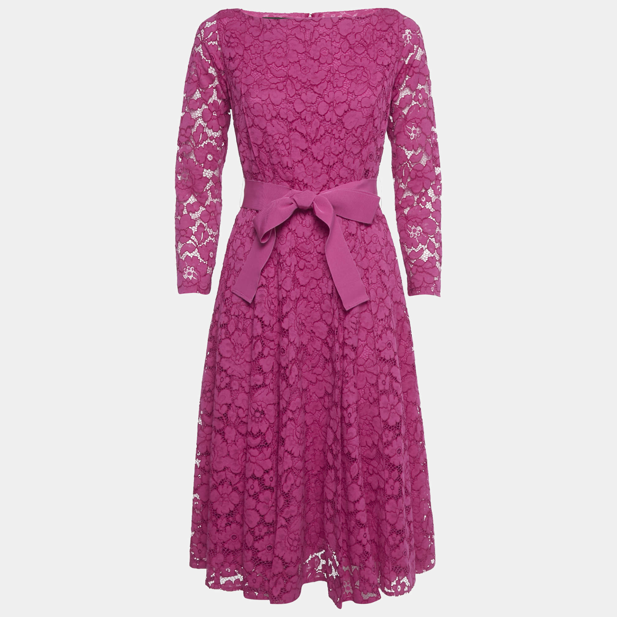 Pre Owned CH Carolina Herrera Pink Lace Belted Flared Dress XS